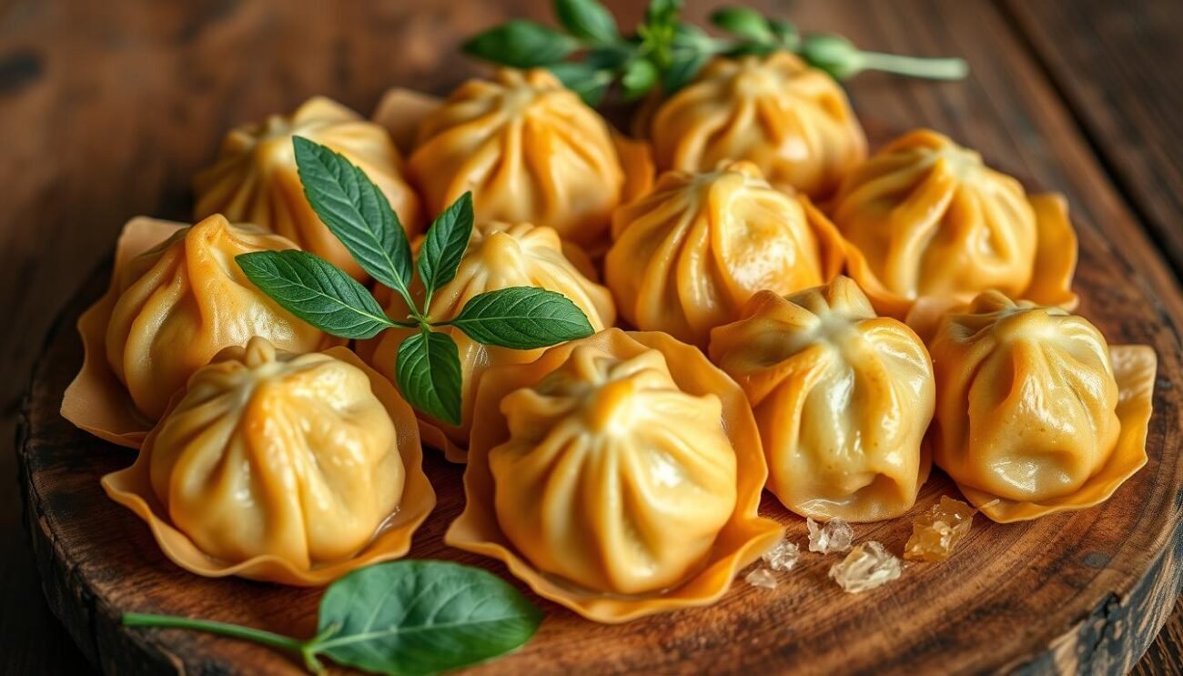 A freshly prepared platter of pallotte cacio e ova, the traditional Italian cheese and egg dumplings from the Abruzzo region. The golden-brown spheres are nestled on a rustic wooden table, with a warm, inviting lighting that casts soft shadows and highlights the delicate texture of the crisp exterior. The vibrant green leaves and sprigs of fresh herbs add a touch of freshness, complementing the rich, creamy filling within. The overall composition evokes a sense of homemade comfort and artisanal craftsmanship, reflecting the authentic, time-honored tradition of this beloved regional specialty. A freshly prepared platter of pallotte cacio e ova, the traditional Italian cheese and egg dumplings from the Abruzzo region. The golden-brown spheres are nestled on a rustic wooden table, with a warm, inviting lighting that casts soft shadows and highlights the delicate texture of the crisp exterior. The vibrant green leaves and sprigs of fresh herbs add a touch of freshness, complementing the rich, creamy filling within. The overall composition evokes a sense of homemade comfort and artisanal craftsmanship, reflecting the authentic, time-honored tradition of this beloved regional specialty.