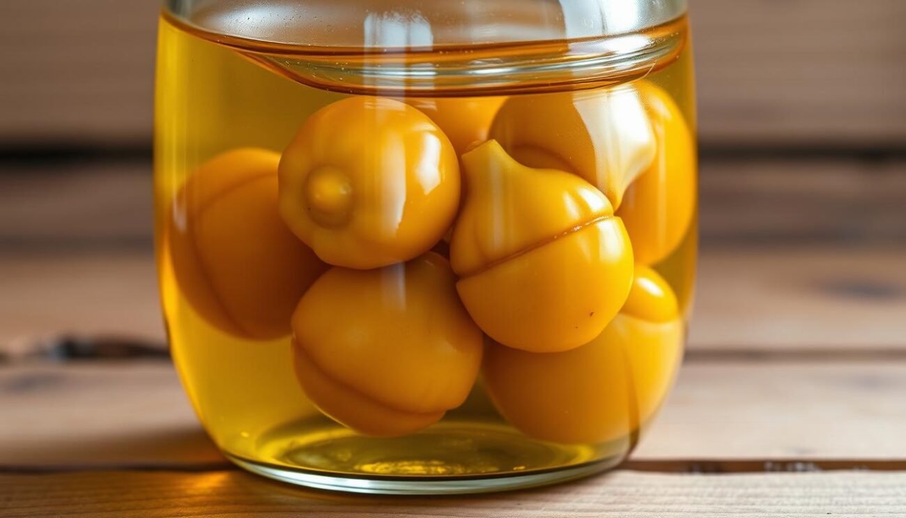A glass jar filled with golden-hued olive oil, gently cradling plump, pickled lampascioni bulbs. The rich, earthy tones of the bulbs contrast beautifully with the translucent, gleaming oil. Soft, natural lighting casts a warm glow, highlighting the vibrant colors and textures. The jar is positioned on a simple, rustic wooden surface, allowing the contents to take center stage. The overall scene evokes a sense of traditional Italian preserving techniques, evoking the comforting essence of "Conservazione in Olio".