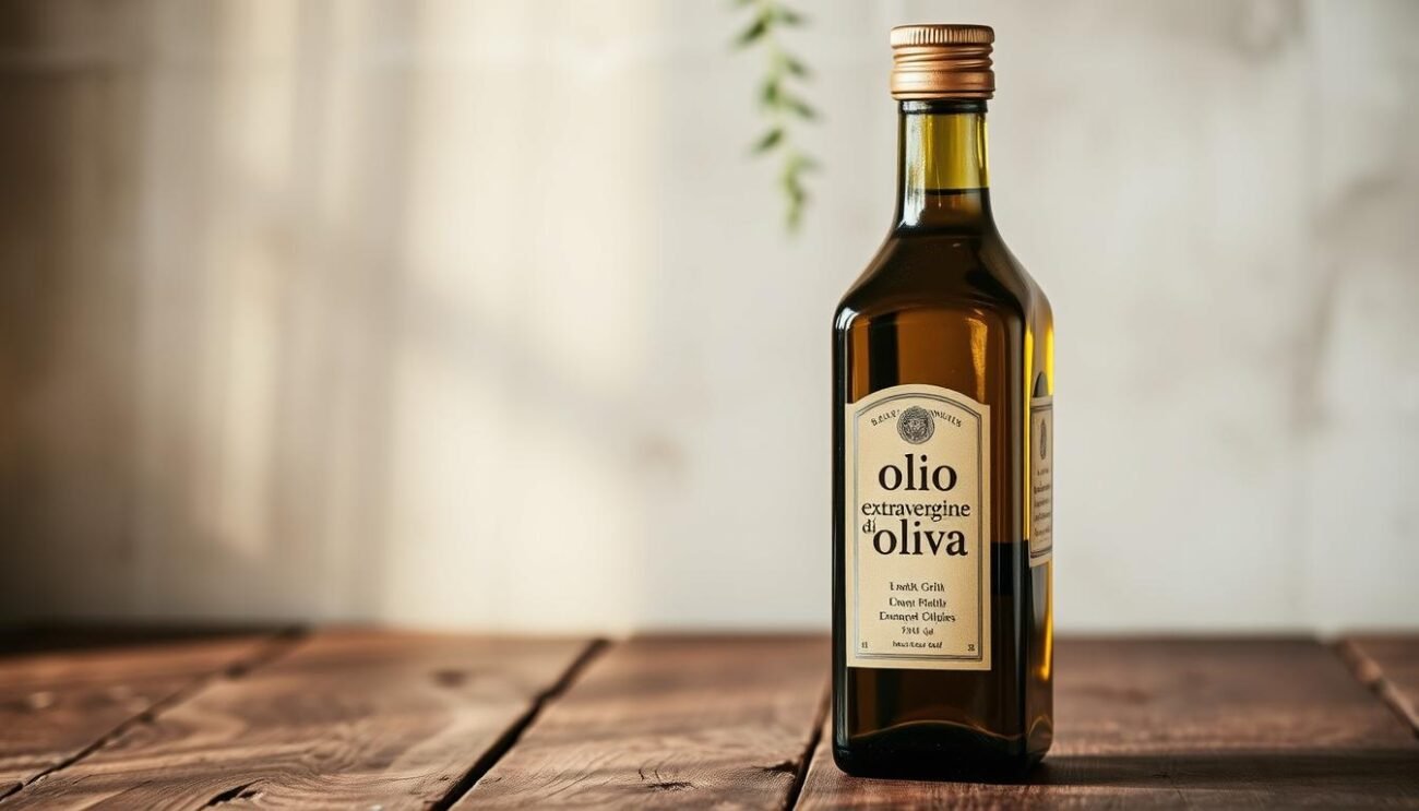 A gleaming bottle of extra virgin olive oil sits on a rustic wooden table, its label proudly displaying the "olio extravergine di oliva" text. The lighting is soft and natural, casting a warm, inviting glow over the scene. The bottle is positioned prominently in the foreground, with a simple yet elegant background of a neutral-colored wall or cloth. The overall mood is one of quality, authenticity, and the essence of Italian culinary tradition, perfectly complementing the "Consigli per una Perfetta Insalata di Rinforzo" section of the article.