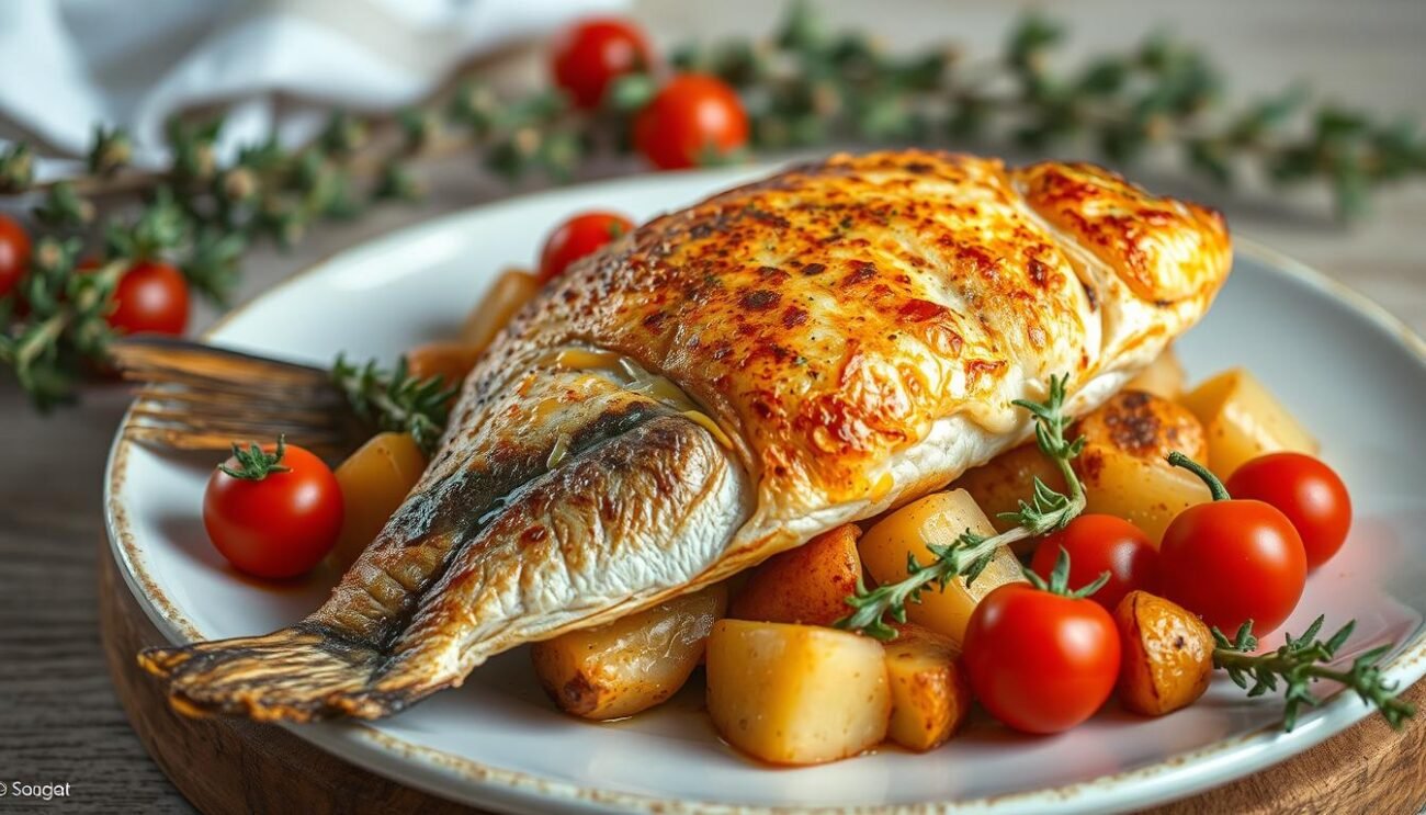 A golden-brown Orata al Forno, its flaky skin glistening with olive oil, sits atop a bed of roasted Sardinian potatoes. Vibrant cherry tomatoes dot the scene, their burst of juicy sweetness complementing the savory fish. The aroma of fragrant myrtle wafts through the air, transporting the viewer to the sun-drenched coasts of Sardinia. The plate is presented with a rustic, homemade aesthetic, capturing the essence of traditional Sardinian cuisine. Soft, diffused lighting illuminates the dish, casting a warm, inviting glow. The composition is balanced, with the Orata taking center stage, surrounded by its complementary components. A golden-brown Orata al Forno, its flaky skin glistening with olive oil, sits atop a bed of roasted Sardinian potatoes. Vibrant cherry tomatoes dot the scene, their burst of juicy sweetness complementing the savory fish. The aroma of fragrant myrtle wafts through the air, transporting the viewer to the sun-drenched coasts of Sardinia. The plate is presented with a rustic, homemade aesthetic, capturing the essence of traditional Sardinian cuisine. Soft, diffused lighting illuminates the dish, casting a warm, inviting glow. The composition is balanced, with the Orata taking center stage, surrounded by its complementary components.