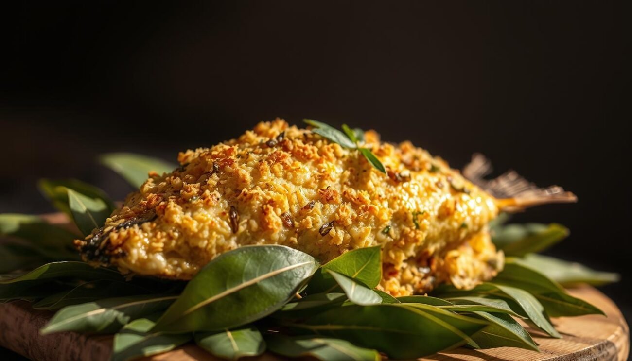 A golden-brown baked dish of Sarde a Beccafico, the traditional Sicilian stuffed and roasted sardines, nestled on a bed of aromatic bay leaves. The sardines' delicate flesh contrasts with the crunchy breadcrumb and herb coating, creating a harmonious balance of flavors. Soft lighting casts a warm glow, highlighting the dish's rustic elegance. The scene is framed by a simple, minimalist background, allowing the main subject to take center stage and captivate the viewer's attention. A golden-brown baked dish of Sarde a Beccafico, the traditional Sicilian stuffed and roasted sardines, nestled on a bed of aromatic bay leaves. The sardines' delicate flesh contrasts with the crunchy breadcrumb and herb coating, creating a harmonious balance of flavors. Soft lighting casts a warm glow, highlighting the dish's rustic elegance. The scene is framed by a simple, minimalist background, allowing the main subject to take center stage and captivate the viewer's attention.