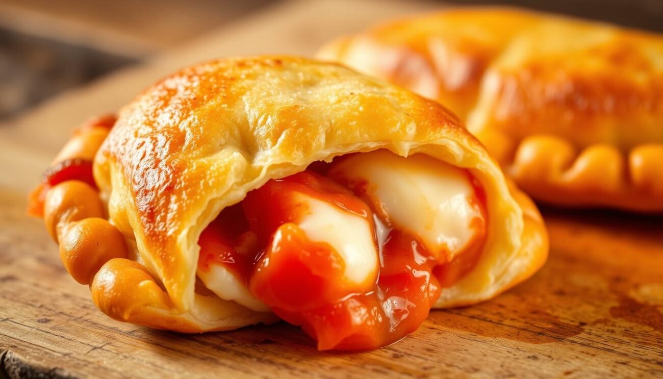 A golden-brown, crisp panzerotti, freshly fried to perfection, sits on a rustic wooden surface. The savory filling of melted mozzarella and tangy tomato spills out invitingly. Warm lighting casts a soft glow, highlighting the delicate dough and the lively colors of the ingredients. The panzerotti is captured in a close-up, emphasizing its enticing texture and tempting aroma. The image conveys the artisanal craftsmanship and authentic Italian heritage of this beloved regional specialty.