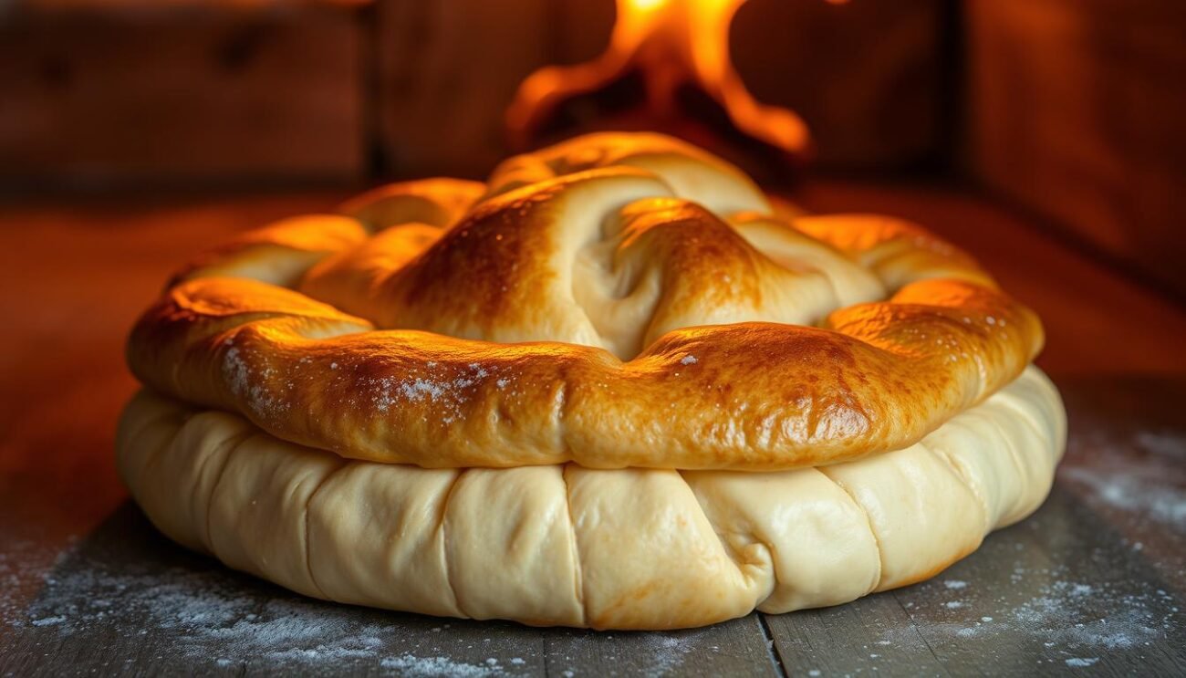 A golden-brown, freshly baked Crescia Sfogliata, its flaky layers glistening under the soft, warm light of the traditional wood-fired oven. The dough, carefully kneaded and allowed to rise, has been expertly stretched and folded, creating a visually stunning and aromatic focal point. The image captures the moment of perfection, showcasing the Crescia's distinctive shape and texture, ready to be savored as part of the Renaissance-era culinary heritage of Urbino and the Montefeltro family. A golden-brown, freshly baked Crescia Sfogliata, its flaky layers glistening under the soft, warm light of the traditional wood-fired oven. The dough, carefully kneaded and allowed to rise, has been expertly stretched and folded, creating a visually stunning and aromatic focal point. The image captures the moment of perfection, showcasing the Crescia's distinctive shape and texture, ready to be savored as part of the Renaissance-era culinary heritage of Urbino and the Montefeltro family.