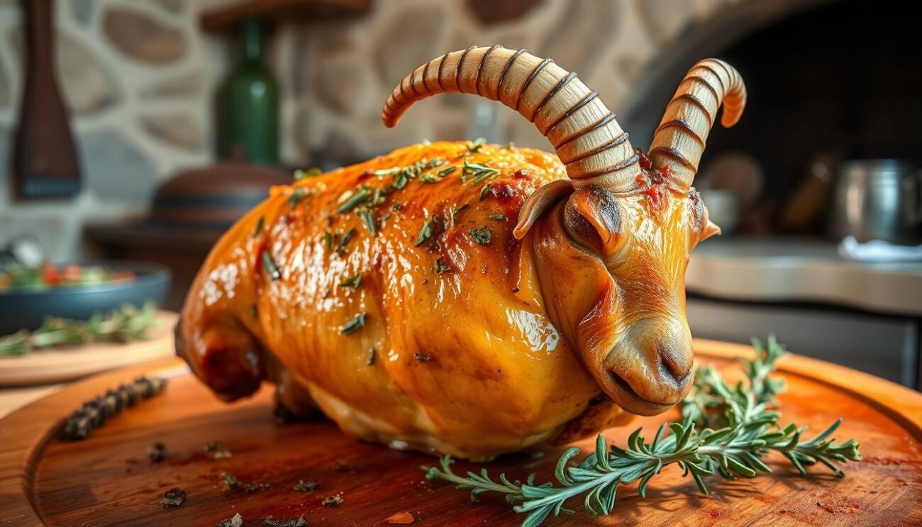 A golden-brown roasted Sardinian-style suckling goat (capretto al forno alla sarda), its crisp skin glistening under warm Mediterranean light. The succulent meat is seasoned with a fragrant blend of wild herbs - rosemary, thyme, and sage - grown locally. In the background, a rustic Sardinian kitchen with weathered stone walls and a wood-fired oven, evoking the traditional preparation and cooking methods. The scene conveys the rich culinary heritage and the connection between the dish, the land, and the people.