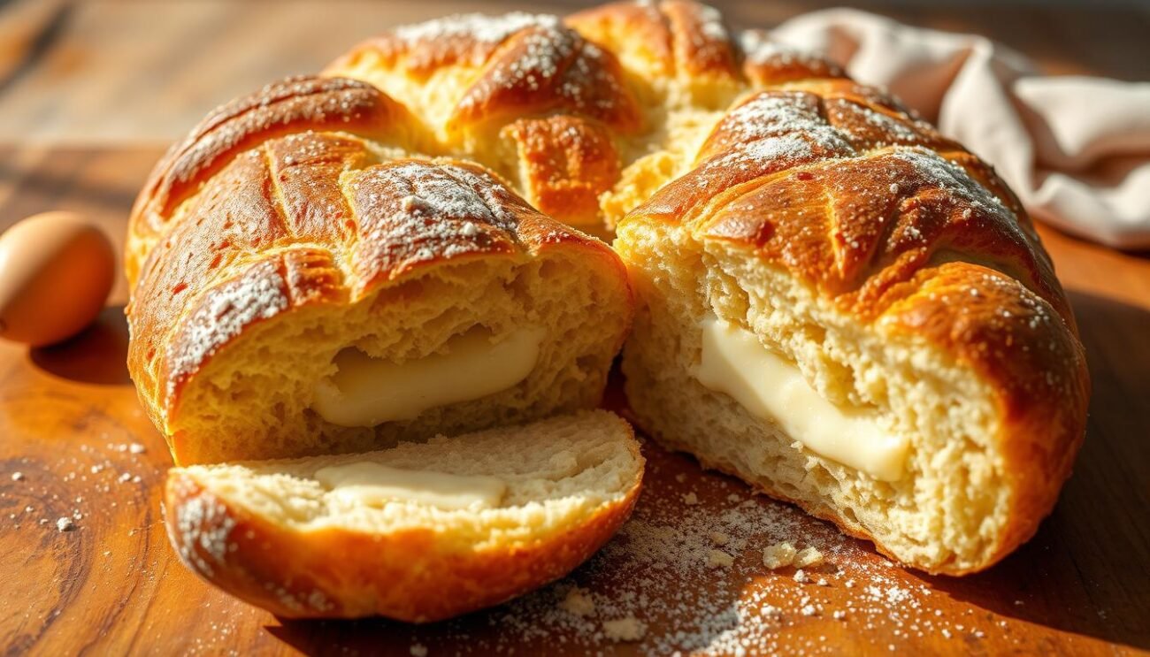 A golden-brown, savory Italian Easter bread, the Crescia di Pasqua al Formaggio, sits invitingly on a rustic wooden table. The loaf's soft, pillowy texture is highlighted by its crispy, golden-brown crust, dusted with a light sprinkling of flour. Slices of the bread reveal a rich, creamy cheese filling, melted and oozing between the layers of dough. The scene is bathed in warm, natural lighting, casting a cozy, homemade atmosphere. The Crescia is framed by a simple, uncluttered background, allowing the bread to take center stage and showcasing its delectable qualities. This image perfectly captures the essence of the traditional Crescia di Pasqua al Formaggio, a beloved Easter specialty from the Marche region of Italy.