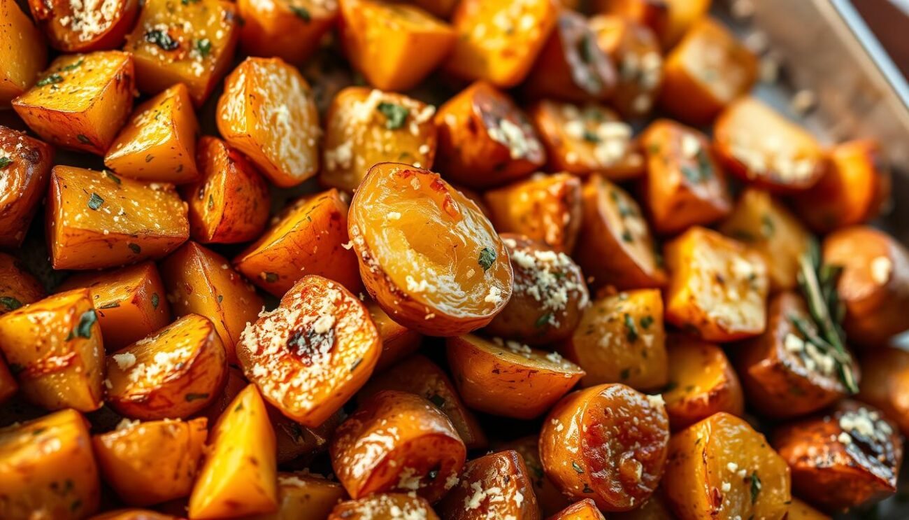 A golden-brown tray of perfectly roasted potatoes, their crisp exteriors glistening under the warm, soft lighting. The potatoes are generously seasoned with fragrant herbs and a dusting of Parmesan, their fluffy interiors waiting to be savored. A light, natural vignette frames the scene, drawing the eye to the centerpiece of this classic Italian side dish. The image conveys the comforting, homemade appeal of "patate al forno," capturing the essence of this beloved Italian culinary delight. A golden-brown tray of perfectly roasted potatoes, their crisp exteriors glistening under the warm, soft lighting. The potatoes are generously seasoned with fragrant herbs and a dusting of Parmesan, their fluffy interiors waiting to be savored. A light, natural vignette frames the scene, drawing the eye to the centerpiece of this classic Italian side dish. The image conveys the comforting, homemade appeal of "patate al forno," capturing the essence of this beloved Italian culinary delight.