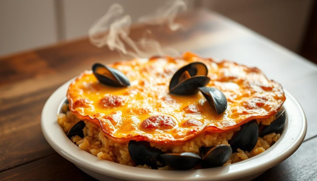 A golden-hued Tiella Barese, its crisp surface glistening in the warm light, rests on a wooden table. The layered casserole of rice, potatoes, and mussels has been cooked to perfection, each ingredient melding harmoniously. The gentle steam rising from the dish suggests its recent emergence from the oven, while the calm, unhurried setting evokes a sense of repose. The scene is captured with a soft, natural focus, emphasizing the rustic charm and comforting aroma of this traditional Puglian specialty. A simple, elegant composition that invites the viewer to savor the dish's flavors and the care taken in its preparation. A golden-hued Tiella Barese, its crisp surface glistening in the warm light, rests on a wooden table. The layered casserole of rice, potatoes, and mussels has been cooked to perfection, each ingredient melding harmoniously. The gentle steam rising from the dish suggests its recent emergence from the oven, while the calm, unhurried setting evokes a sense of repose. The scene is captured with a soft, natural focus, emphasizing the rustic charm and comforting aroma of this traditional Puglian specialty. A simple, elegant composition that invites the viewer to savor the dish's flavors and the care taken in its preparation.