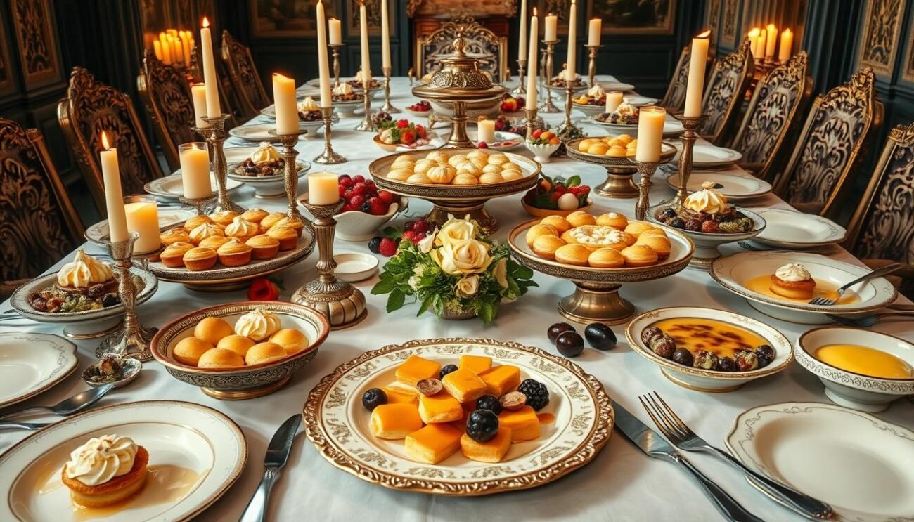 A grand Roman banquet table, adorned with intricate carved dishes, brimming with an array of tempting ancient desserts. Delicate honey-drizzled pastries, fragrant fruit compotes, and creamy almond-infused custards. Soft candlelight casts a warm glow, reflecting off gilded rims and polished surfaces. Ornate silverware and fine china evoke the opulence of the Imperial era. The scene exudes a sense of timeless sophistication, hinting at the rich culinary heritage that shaped the modern Italian pastry tradition. A harmonious blend of historic charm and mouthwatering delicacies, capturing the essence of "L'Eredità dei Dolci Romani nella Pasticceria Moderna".