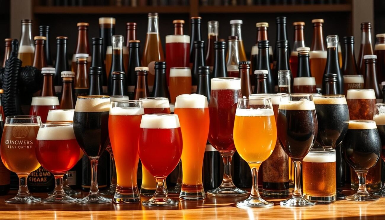 A grand display of various beer styles, each with its own distinctive character and alluring hues. A sophisticated array of lagers, ales, stouts, and IPAs, meticulously arranged in a visually striking composition. The scene is bathed in warm, natural lighting, accentuating the nuanced colors and textures of the beverages. The glasses are expertly placed, their shapes and proportions harmonizing to create a harmonious and inviting tableau. The overall mood is one of refinement and expertise, reflecting the expertise of seasoned sommeliers in the appreciation of these diverse and delectable libations.