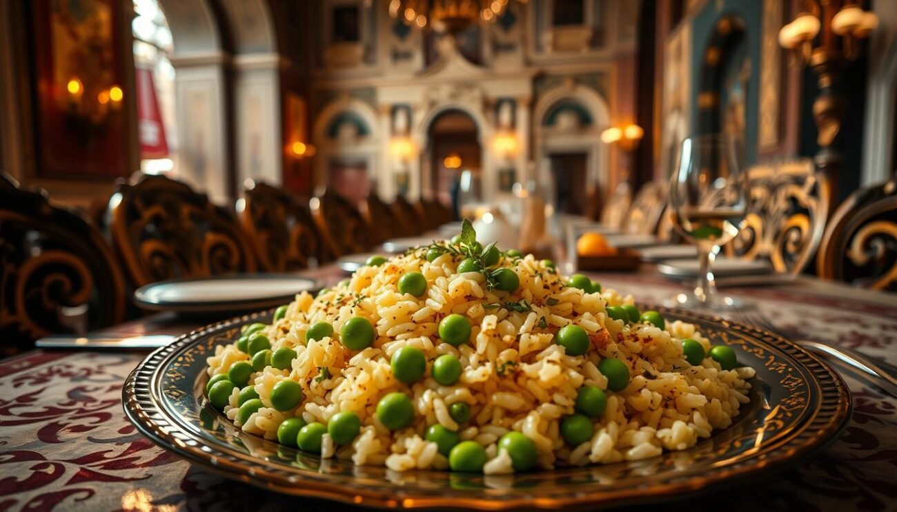 A grand, ornate table set with a lavish Venetian dish of risi e bisi - plump, tender rice grains nestled among vibrant green peas, garnished with delicate herbs and a drizzle of golden olive oil. The scene is illuminated by soft, warm lighting, casting a cozy, inviting atmosphere. In the background, a glimpse of the iconic Venetian architecture, with its intricate details and a sense of timeless elegance. The overall composition evokes the regal history and culinary traditions of this celebrated Venetian delicacy, fit for the Doges of old.