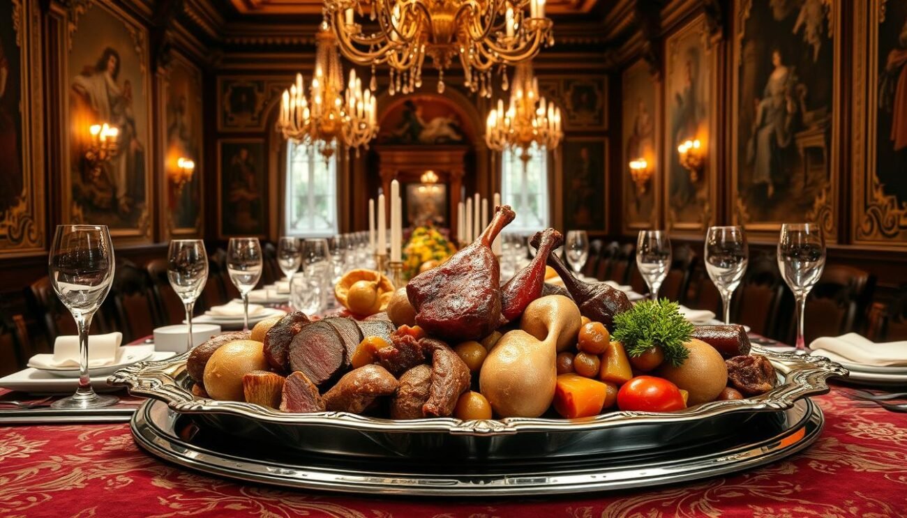 A grandiose, baroque-inspired scene depicting the "Finanziera Piemontese", a noble dish from the Savoyard cuisine. In the foreground, a sumptuous arrangement of offal and organ meats, expertly prepared and presented on a gleaming pewter platter. The middle ground features an elegantly set table, with fine china, silverware, and crystal glassware, alluding to the dish's aristocratic origins. In the background, a richly decorated dining hall, with ornate chandeliers casting a warm, golden glow and tapestries adorning the walls, evoking the grandeur of a royal palace. The overall atmosphere is one of refined opulence, befitting the historical significance and culinary heritage of this renowned Piedmontese delicacy.