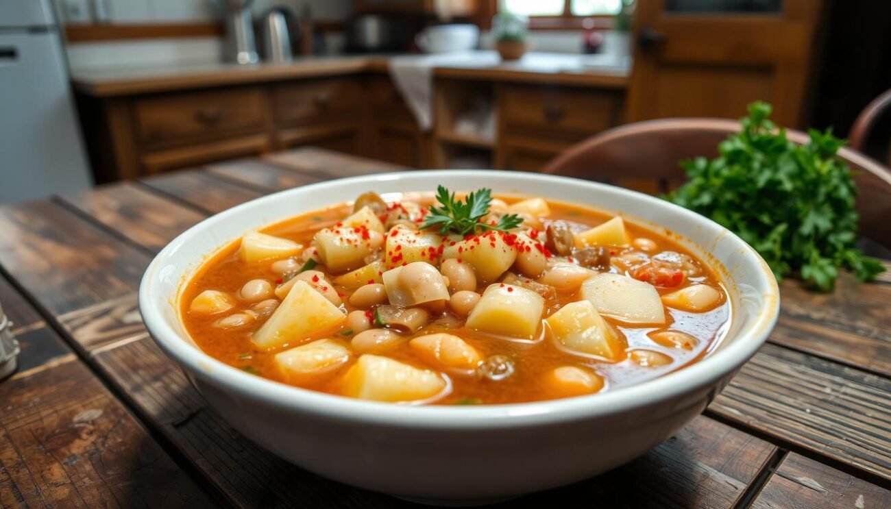 A hearty Jota Triestina soup, brimming with tender beans, tangy sauerkraut, and creamy potatoes. Simmered to perfection in a rich, aromatic broth, the dish showcases the robust flavors of northeastern Italy. In the foreground, a steaming bowl of the stew, garnished with fresh herbs and a sprinkle of crushed red pepper. Behind it, a worn wooden table, its surface marked by the passage of time. In the background, a cozy kitchen, with weathered cabinets and a glimpse of a window, allowing in soft, natural light. The overall atmosphere conveys a sense of homespun comfort and rustic charm, perfectly suited to the traditional Jota Triestina Friulana dish.