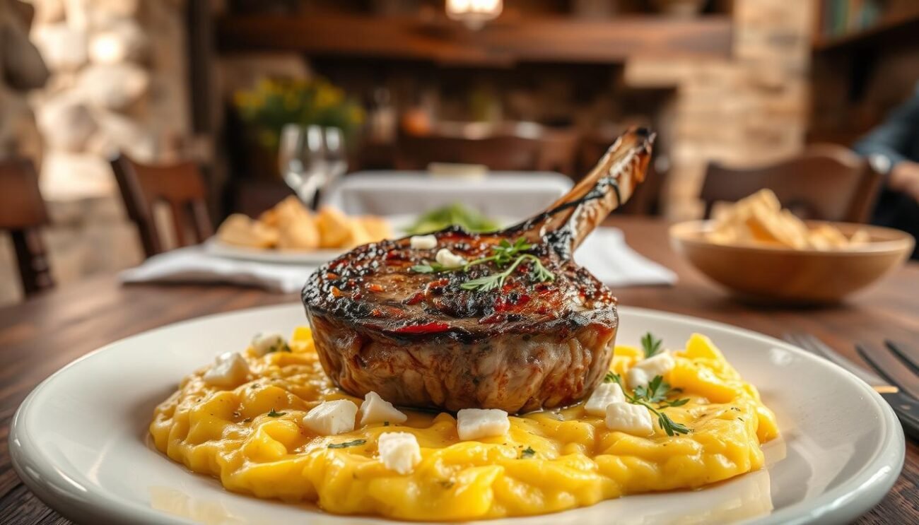 A hearty and rustic dish, Agnello Cacio e Ovo Abruzzese, captured in vivid detail. In the foreground, a tender lamb chop, seared to perfection, nestled atop a bed of creamy scrambled eggs, flecked with chunks of sharp Pecorino Romano cheese. The middle ground reveals a rustic wooden table, adorned with a simple yet elegant white linen cloth, set against a backdrop of warm, earthy tones - exposed stone walls and weathered wooden beams. Soft, natural lighting filters in, casting a gentle glow over the scene, evoking the cozy, homespun atmosphere of a traditional Abruzzese farmhouse kitchen. The overall mood is one of comforting, time-honored tradition, reflecting the rich culinary heritage of this beloved Easter dish.