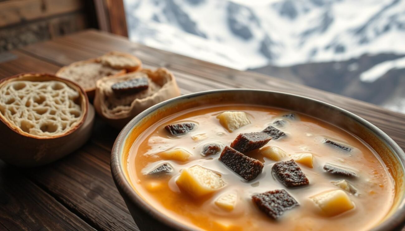 A hearty, rustic Zuppa Valpellinese, a traditional mountain soup from the Aosta Valley region of Italy. In the foreground, a steaming bowl of the thick, creamy broth, studded with chunks of fontina cheese and pieces of dark, dense rye bread. The middle ground reveals a wooden table, its worn surface bearing the marks of generations of use, while the background showcases the rugged, snow-capped peaks of the surrounding Alps, hinting at the harsh yet beautiful environment that inspired this comforting dish. Soft, diffused lighting casts a warm, cozy glow over the scene, evoking the intimate, homely atmosphere of a traditional Italian mountain kitchen.