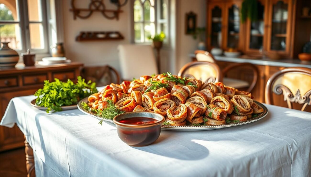 A large, beautifully crafted table, adorned with a crisp white tablecloth, stands in the center of a cozy, sun-drenched kitchen. Atop the table, a platter overflows with glistening braciole di cavallo, the rich, savory aroma filling the air. The thinly sliced, tender horse meat has been expertly rolled and tied, nestled in a bed of fresh, vibrant herbs and spices. A small bowl of thick, burgundy-hued sauce sits alongside, its deep, complex flavors begging to be dipped and savored. The scene evokes the warmth and comfort of a traditional Sunday gathering, where family and friends come together to indulge in the rich culinary traditions of Bari.