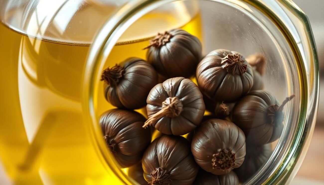 A large glass jar filled with golden olive oil, glistening with light. Nestled within, a collection of small, dark-skinned bulbs - the lampascioni, a variety of wild onion native to southern Italy. Their wrinkled skins and compact shapes suggest the care and tradition of their preparation. The scene is illuminated by soft, natural lighting, casting gentle shadows and highlighting the textural contrast between the smooth glass and the rustic, earthy bulbs. The overall mood is one of simplicity, authenticity, and the comforting familiarity of traditional Italian cuisine.