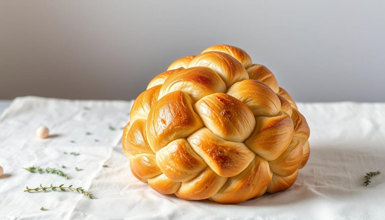 A large, intricately woven pinecone-shaped bread, the Pigna Molisana, stands prominently in the center of the frame, its golden-brown crust glistening under soft, diffused lighting. The dough has been expertly braided and shaped, showcasing the traditional technique passed down through generations in the Molise region of Italy. The loaf rests on a clean, linen-covered surface, surrounded by a few scattered sprigs of fresh herbs, hinting at the flavorful ingredients used in its preparation. The composition exudes a sense of craftsmanship, tradition, and the care taken in the second rise of this beloved Easter pastry. A large, intricately woven pinecone-shaped bread, the Pigna Molisana, stands prominently in the center of the frame, its golden-brown crust glistening under soft, diffused lighting. The dough has been expertly braided and shaped, showcasing the traditional technique passed down through generations in the Molise region of Italy. The loaf rests on a clean, linen-covered surface, surrounded by a few scattered sprigs of fresh herbs, hinting at the flavorful ingredients used in its preparation. The composition exudes a sense of craftsmanship, tradition, and the care taken in the second rise of this beloved Easter pastry.