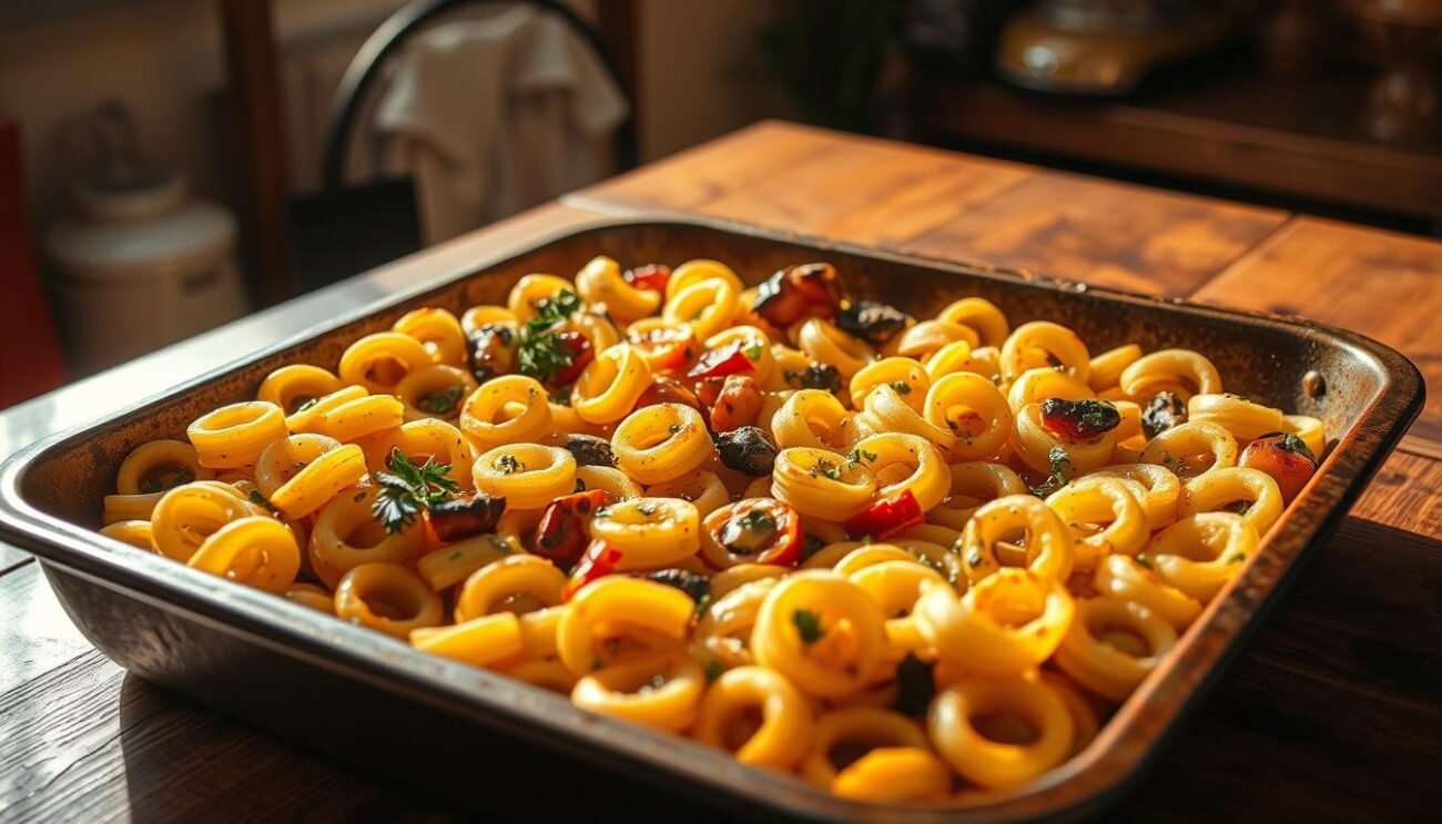 A large, rustic baking tray filled with golden brown baked anelletti pasta, the Sicilian ring-shaped noodles, nestled among sautéed vegetables and aromatic herbs. The scene is illuminated by warm, natural lighting, casting subtle shadows and highlights that accentuate the dish's inviting textures and colors. The tray is placed on a wooden table, with a backdrop of a simple kitchen interior, hinting at the traditional, homemade nature of this Sicilian specialty. The overall atmosphere evokes a sense of comfort, tradition, and the rich culinary heritage of the region.