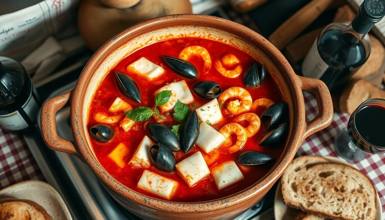 A large, rustic earthenware pot simmering on a stove, filled with a robust tomato-based seafood stew. Tender chunks of white fish, plump shrimp, and succulent mussels swim in a vibrant red broth, seasoned with aromatic garlic, fresh herbs, and a hint of spice. The pot is surrounded by a simple, yet inviting scene - a wooden table with a gingham tablecloth, crusty bread, and a carafe of robust red wine. The lighting is warm and natural, casting a cozy, homey atmosphere. This is the iconic Cacciucco alla Livornese, a beloved regional seafood specialty from the coastal city of Livorno, Italy. A large, rustic earthenware pot simmering on a stove, filled with a robust tomato-based seafood stew. Tender chunks of white fish, plump shrimp, and succulent mussels swim in a vibrant red broth, seasoned with aromatic garlic, fresh herbs, and a hint of spice. The pot is surrounded by a simple, yet inviting scene - a wooden table with a gingham tablecloth, crusty bread, and a carafe of robust red wine. The lighting is warm and natural, casting a cozy, homey atmosphere. This is the iconic Cacciucco alla Livornese, a beloved regional seafood specialty from the coastal city of Livorno, Italy.