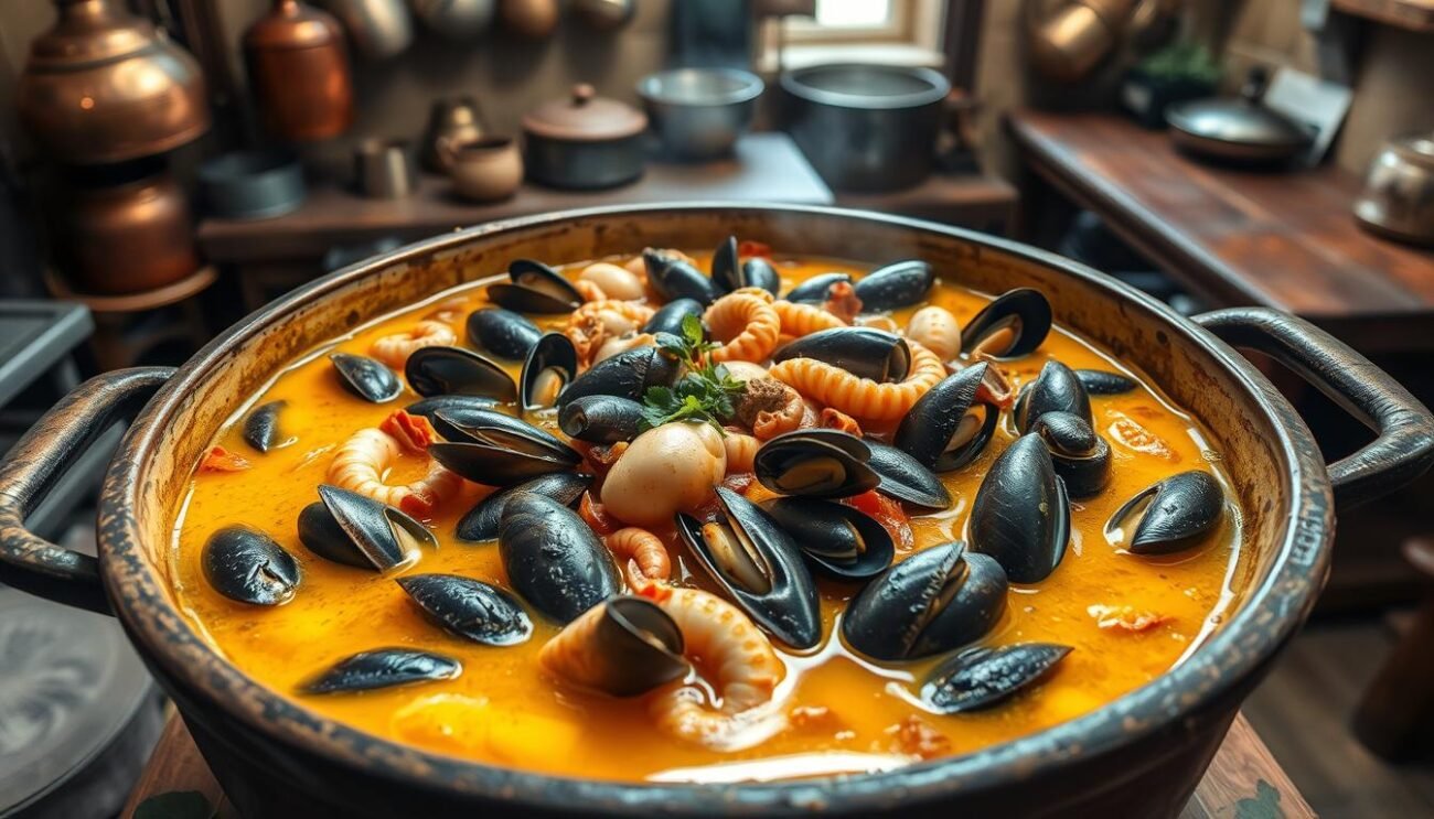 A large, rustic pot filled with a vibrant seafood stew, the Brodetto all'Anconetana. Plump mussels, tender octopus, and a variety of fresh-caught fish simmer in a broth infused with saffron, herbs, and the essence of the Adriatic Sea. The surface glistens with a golden hue, the aroma of the saffron and sea salt permeating the air. In the background, a traditional Italian kitchen, with copper pots and pans hanging on the walls, a wooden table, and a cozy, inviting atmosphere. The lighting is warm and natural, casting a soft glow over the scene, capturing the care and craftsmanship that goes into preparing this iconic Marchigian dish. A large, rustic pot filled with a vibrant seafood stew, the Brodetto all'Anconetana. Plump mussels, tender octopus, and a variety of fresh-caught fish simmer in a broth infused with saffron, herbs, and the essence of the Adriatic Sea. The surface glistens with a golden hue, the aroma of the saffron and sea salt permeating the air. In the background, a traditional Italian kitchen, with copper pots and pans hanging on the walls, a wooden table, and a cozy, inviting atmosphere. The lighting is warm and natural, casting a soft glow over the scene, capturing the care and craftsmanship that goes into preparing this iconic Marchigian dish.