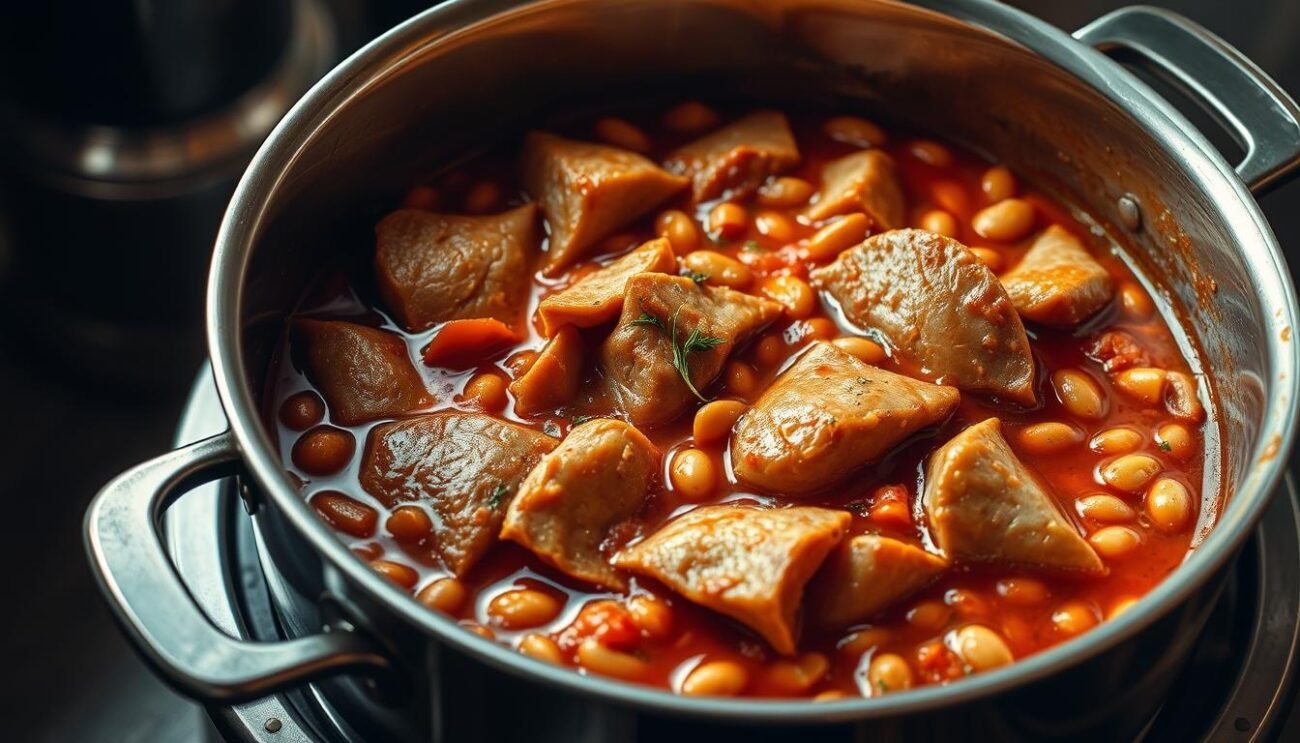 A large stainless steel pot filled with rich, golden-brown trippa milanese. The tripe is simmered to tender perfection in a savory tomato and bean broth, infused with garlic, onions, and fragrant Italian herbs. Thick, chunky slices of trippa are arranged artfully in the pot, creating a mouthwatering display of this traditional Milanese delicacy. The lighting is warm and diffused, highlighting the hearty, rustic nature of the dish. The camera angle is slightly elevated, providing a clean, unobstructed view of the dish's components and presentation. The overall mood is one of homemade comfort and authentic Italian cuisine. A large stainless steel pot filled with rich, golden-brown trippa milanese. The tripe is simmered to tender perfection in a savory tomato and bean broth, infused with garlic, onions, and fragrant Italian herbs. Thick, chunky slices of trippa are arranged artfully in the pot, creating a mouthwatering display of this traditional Milanese delicacy. The lighting is warm and diffused, highlighting the hearty, rustic nature of the dish. The camera angle is slightly elevated, providing a clean, unobstructed view of the dish's components and presentation. The overall mood is one of homemade comfort and authentic Italian cuisine.
