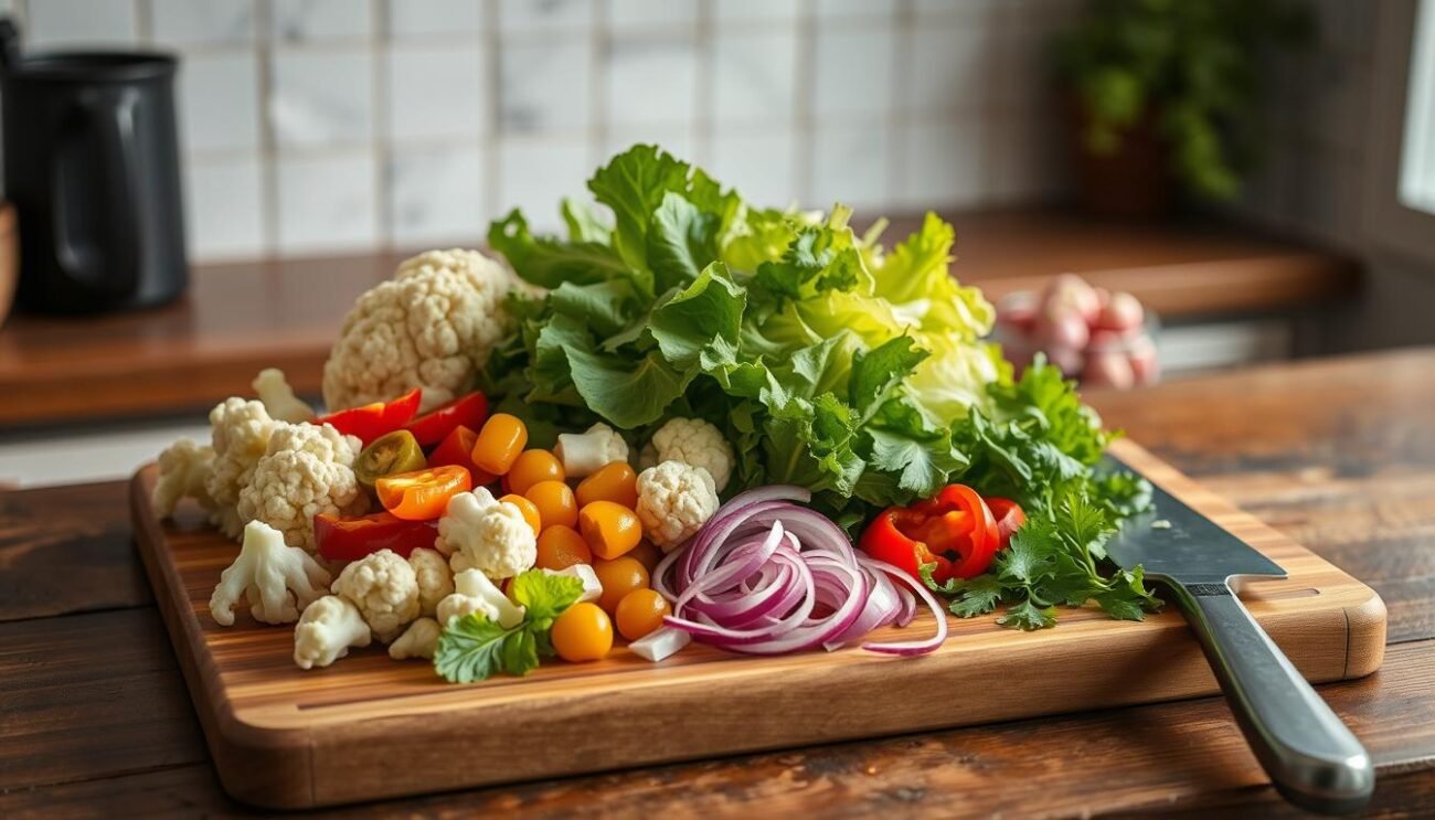 A large wooden cutting board on a rustic kitchen counter, filled with an assortment of fresh, vibrant vegetables - crisp green lettuce, crunchy cauliflower florets, tangy pickled peppers, and sliced red onions. A chef's knife rests nearby, ready to finely chop the ingredients. Soft, diffused lighting from above casts a warm glow, highlighting the textures and colors of the ingredients. The scene evokes a sense of thoughtful meal preparation, with the promise of a flavorful, nourishing salad to come.