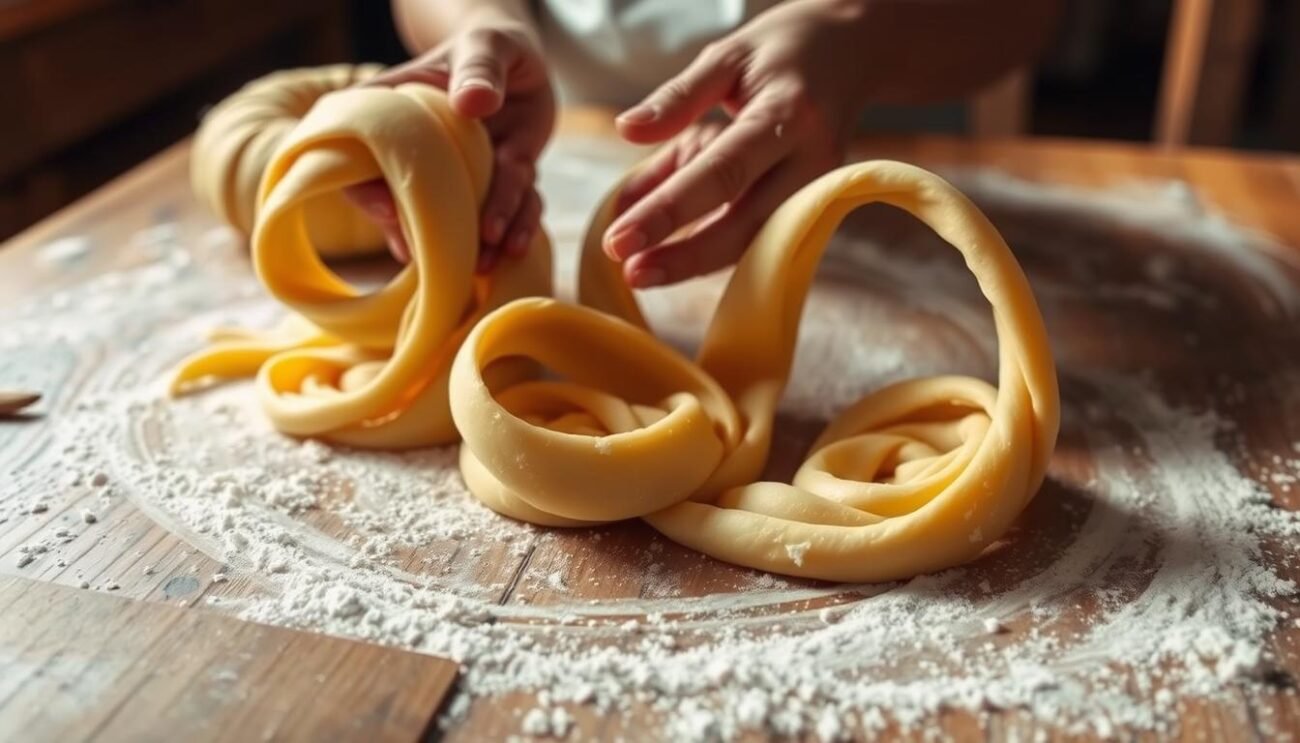 A large wooden table is dusted with flour, the surface ready to receive the dough. In the foreground, hands knead the supple, golden-hued mixture, kneading and stretching it with practiced motions. Strands of fresh pasta dough emerge, twisting and curling into a spiral shape. The background is softly lit, emphasizing the textures and colors - the warm glow of the light, the rustic charm of the wooden table. This is the careful preparation of the dough for the Tiriccas, the spiral-shaped pastries filled with honey and almonds, a beloved Italian delicacy. A large wooden table is dusted with flour, the surface ready to receive the dough. In the foreground, hands knead the supple, golden-hued mixture, kneading and stretching it with practiced motions. Strands of fresh pasta dough emerge, twisting and curling into a spiral shape. The background is softly lit, emphasizing the textures and colors - the warm glow of the light, the rustic charm of the wooden table. This is the careful preparation of the dough for the Tiriccas, the spiral-shaped pastries filled with honey and almonds, a beloved Italian delicacy.