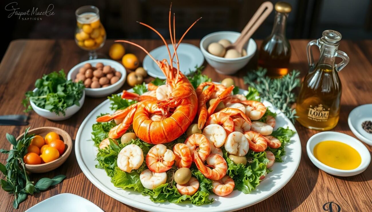 A lavish seafood dish on a grand wooden table, the centerpiece of the traditional Genovese Cappon Magro. Fresh lobster, shrimp, and scallops artfully arranged atop a bed of crisp greens, radiant in natural light. Surrounding the main composition, an assortment of pickled vegetables, fragrant herbs, and a decanter of rich olive oil, all captured in a soft, elegant focus. The scene evokes the coastal refinement and time-honored culinary heritage of this iconic Ligurian delicacy.