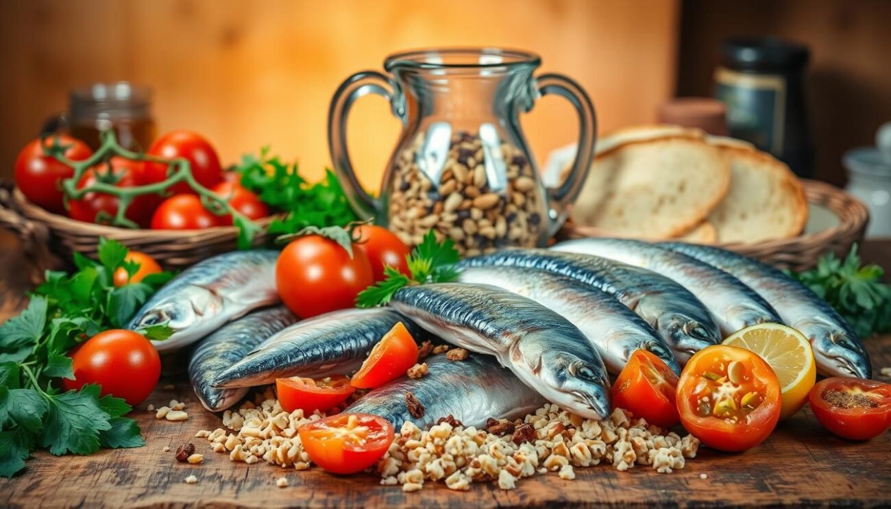 A lavish still life arrangement showcasing the key ingredients for preparing the traditional Sicilian dish, "Sarde a Beccafico". In the foreground, a vibrant array of fresh sardines, expertly filleted and arranged atop a rustic wooden surface. Surrounding them, an assortment of seasonal produce: plump tomatoes, fragrant herbs, crunchy breadcrumbs, and a drizzle of rich olive oil. In the middle ground, a vintage glass vessel filled with a fragrant mixture of pine nuts, raisins, and aromatic spices. The background features a warm, softly-lit setting, reminiscent of a cozy Sicilian kitchen, creating an inviting and authentic atmosphere. The overall composition exudes the rich flavors and traditions of this beloved Palermitan specialty. A lavish still life arrangement showcasing the key ingredients for preparing the traditional Sicilian dish, "Sarde a Beccafico". In the foreground, a vibrant array of fresh sardines, expertly filleted and arranged atop a rustic wooden surface. Surrounding them, an assortment of seasonal produce: plump tomatoes, fragrant herbs, crunchy breadcrumbs, and a drizzle of rich olive oil. In the middle ground, a vintage glass vessel filled with a fragrant mixture of pine nuts, raisins, and aromatic spices. The background features a warm, softly-lit setting, reminiscent of a cozy Sicilian kitchen, creating an inviting and authentic atmosphere. The overall composition exudes the rich flavors and traditions of this beloved Palermitan specialty.