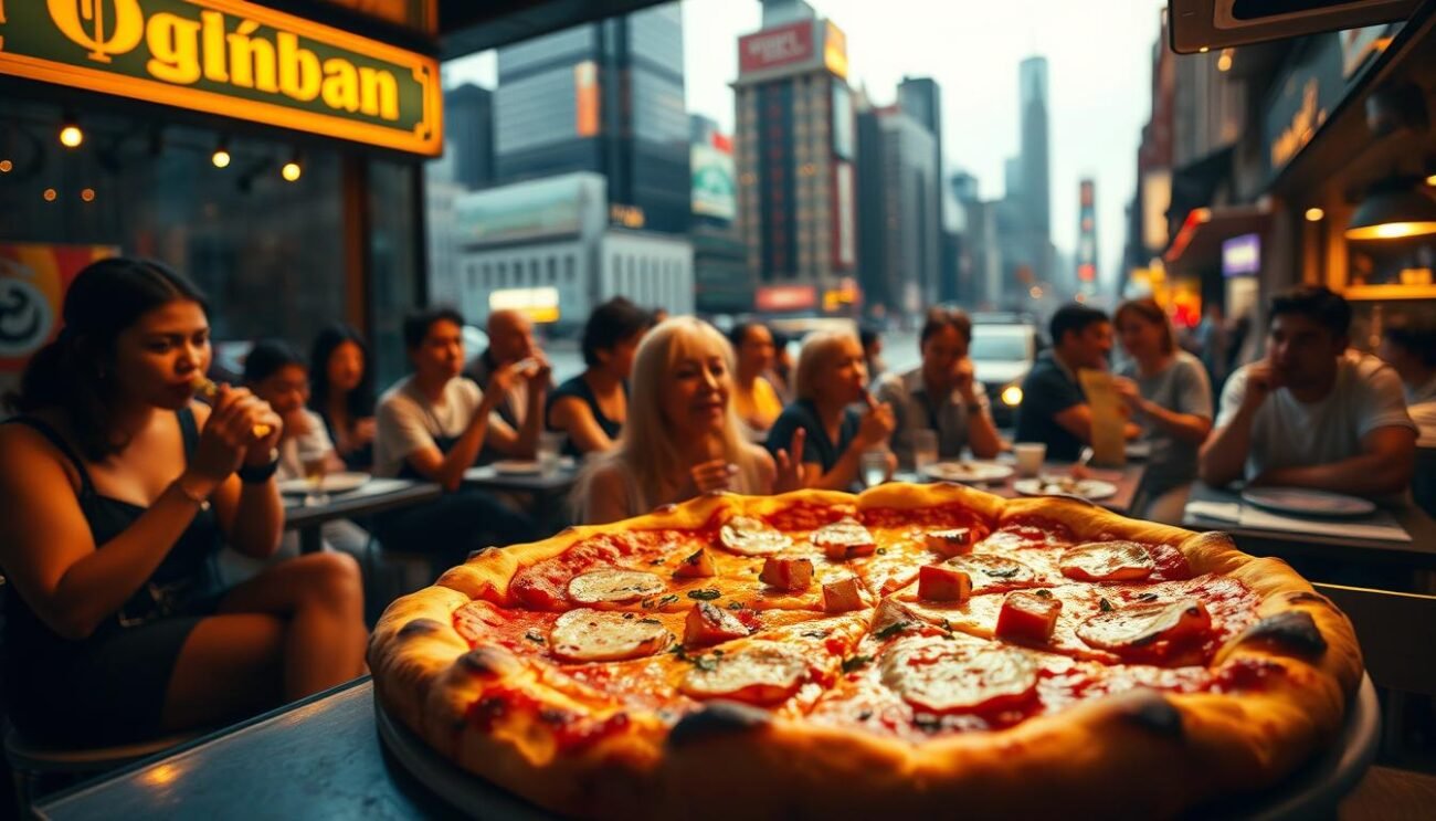A lively global pizza scene, captured in a vibrant photograph. In the foreground, a steaming pizza fresh from the oven, its cheese bubbling and crust glistening. In the middle ground, a diverse array of diners enjoying their slices, representing the international appeal of this beloved dish. In the background, a bustling cityscape with skyscrapers and bustling streets, symbolizing the pizza's worldwide cultural impact. Warm, golden lighting illuminates the scene, creating a welcoming and convivial atmosphere. The composition is balanced and dynamic, showcasing the universal allure of this iconic food. A lively global pizza scene, captured in a vibrant photograph. In the foreground, a steaming pizza fresh from the oven, its cheese bubbling and crust glistening. In the middle ground, a diverse array of diners enjoying their slices, representing the international appeal of this beloved dish. In the background, a bustling cityscape with skyscrapers and bustling streets, symbolizing the pizza's worldwide cultural impact. Warm, golden lighting illuminates the scene, creating a welcoming and convivial atmosphere. The composition is balanced and dynamic, showcasing the universal allure of this iconic food.