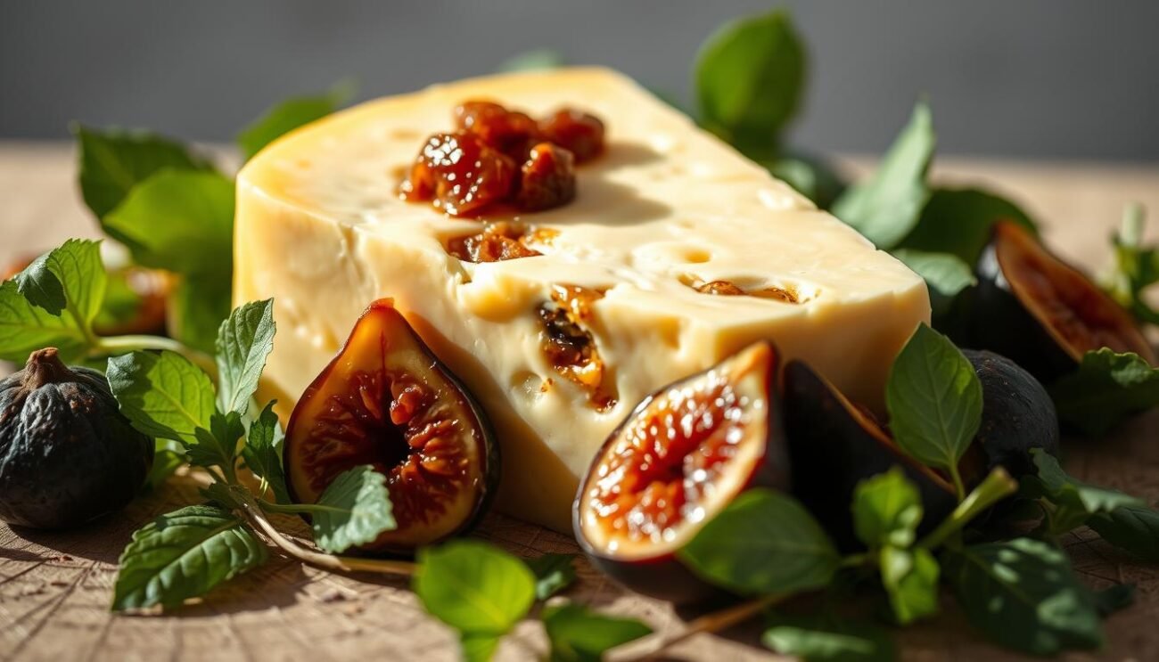 A luscious, golden-hued wedge of creamy Squacquerone cheese, its delicate surface flecked with caramelized figs, nestled amidst a scattering of vibrant green leaves. The cheese appears to glisten under soft, natural lighting, casting warm shadows that accentuate its sumptuous texture. The figs, their surfaces glistening with a sticky, honey-like glaze, provide a harmonious balance of sweet and savory, inviting the viewer to imagine the interplay of flavors. The composition is framed against a minimalist, neutral background, allowing the star ingredients to take center stage and captivate the senses. A luscious, golden-hued wedge of creamy Squacquerone cheese, its delicate surface flecked with caramelized figs, nestled amidst a scattering of vibrant green leaves. The cheese appears to glisten under soft, natural lighting, casting warm shadows that accentuate its sumptuous texture. The figs, their surfaces glistening with a sticky, honey-like glaze, provide a harmonious balance of sweet and savory, inviting the viewer to imagine the interplay of flavors. The composition is framed against a minimalist, neutral background, allowing the star ingredients to take center stage and captivate the senses.