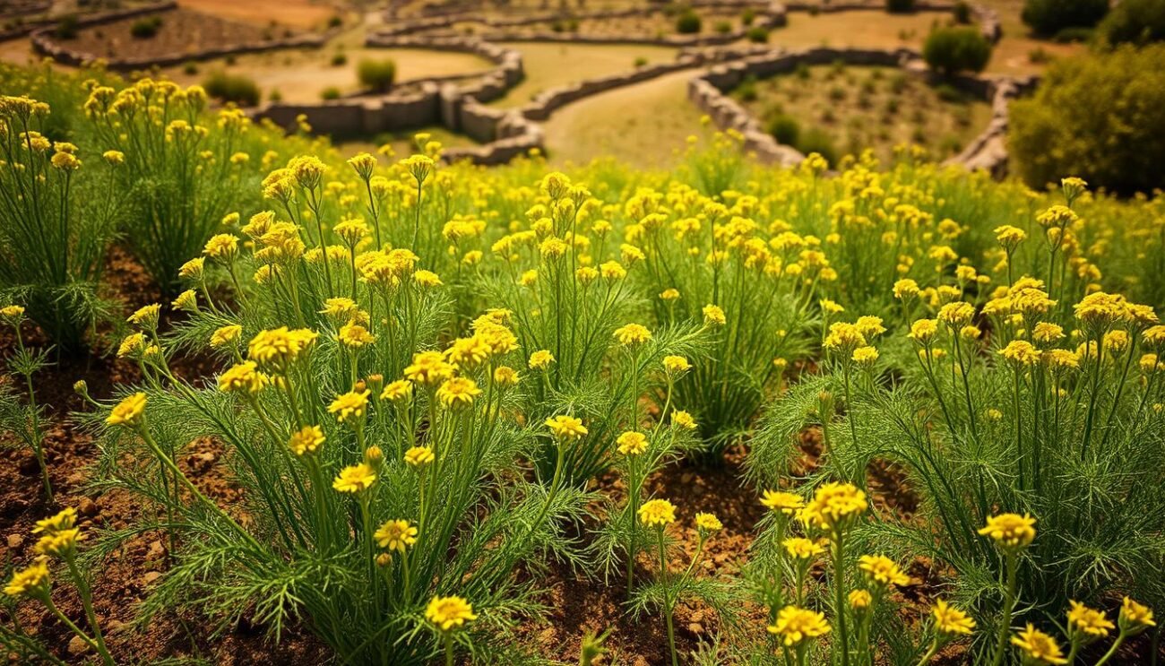 A lush, autumnal field of wild fennel (finocchietto selvatico) gently swaying in the breeze. The vibrant green fronds and delicate yellow flowers fill the foreground, casting dappled shadows on the earthy soil below. In the middle ground, ancient stone walls wind through the landscape, hinting at the rugged terrain of the Sardinian countryside. The background is bathed in a soft, golden light, creating a warm, inviting atmosphere that captures the essence of traditional Sardinian cuisine and its connection to the land.