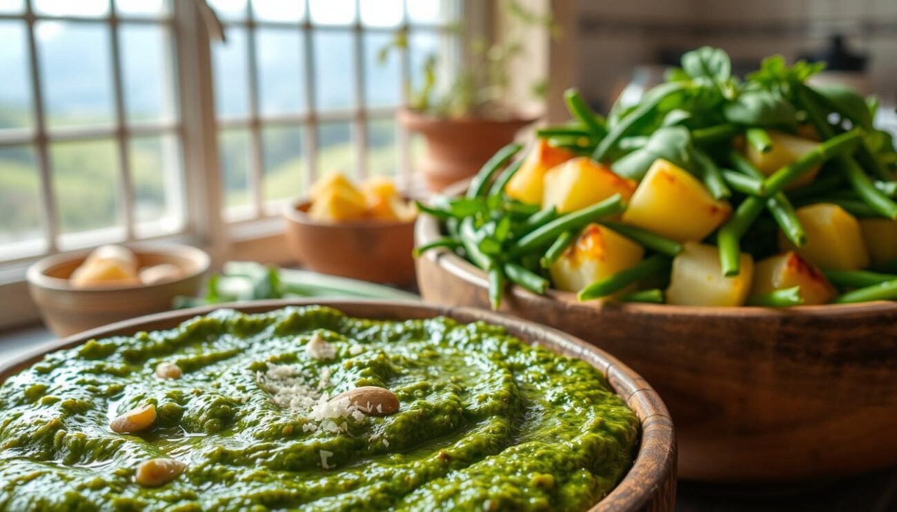 A lush, inviting scene of "pesto con patate e fagiolini" - the quintessential Ligurian side dish. In the foreground, a large, rustic wooden bowl brimming with vibrant green basil pesto, its creamy texture contrasted by the tender, golden-roasted potato cubes and snappy, emerald-hued green beans. The mid-ground showcases the freshly prepared ingredients, with a scattering of pine nuts and grated Parmesan adding texture and depth. In the background, a sun-dappled kitchen window overlooking rolling Ligurian hills, evoking the rustic charm of the region. Soft, diffused lighting casts a warm, inviting glow over the whole scene, encouraging the viewer to take a seat and savor this classic, comforting dish.
