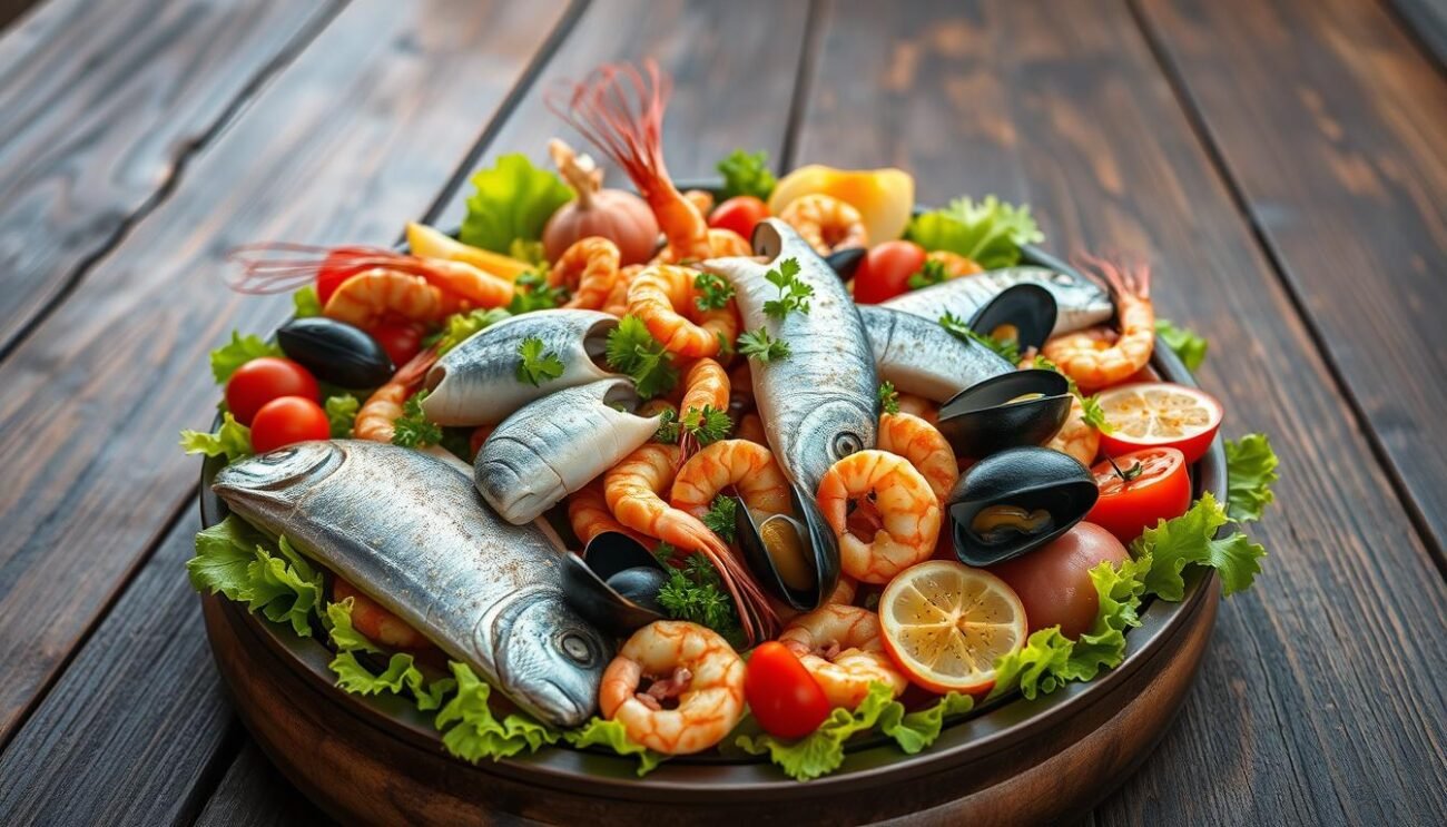 A majestic seafood and vegetable dish from the Ligurian tradition, Cappon Magro Genovese rests on a rustic wooden table. The centerpiece features a vibrant arrangement of tender seafood, from gleaming white fish fillets to succulent shrimp and mussels. Surrounded by a colorful array of fresh vegetables - crisp lettuce, juicy tomatoes, and fragrant herbs - the dish evokes the bountiful coastal landscapes of Genoa. Soft, warm lighting from above casts a gentle glow, highlighting the dish's intricate textures and natural colors. The composition exudes a sense of traditional craftsmanship and regional pride, inviting the viewer to savor the rich history and flavors of this iconic Ligurian delicacy. A majestic seafood and vegetable dish from the Ligurian tradition, Cappon Magro Genovese rests on a rustic wooden table. The centerpiece features a vibrant arrangement of tender seafood, from gleaming white fish fillets to succulent shrimp and mussels. Surrounded by a colorful array of fresh vegetables - crisp lettuce, juicy tomatoes, and fragrant herbs - the dish evokes the bountiful coastal landscapes of Genoa. Soft, warm lighting from above casts a gentle glow, highlighting the dish's intricate textures and natural colors. The composition exudes a sense of traditional craftsmanship and regional pride, inviting the viewer to savor the rich history and flavors of this iconic Ligurian delicacy.