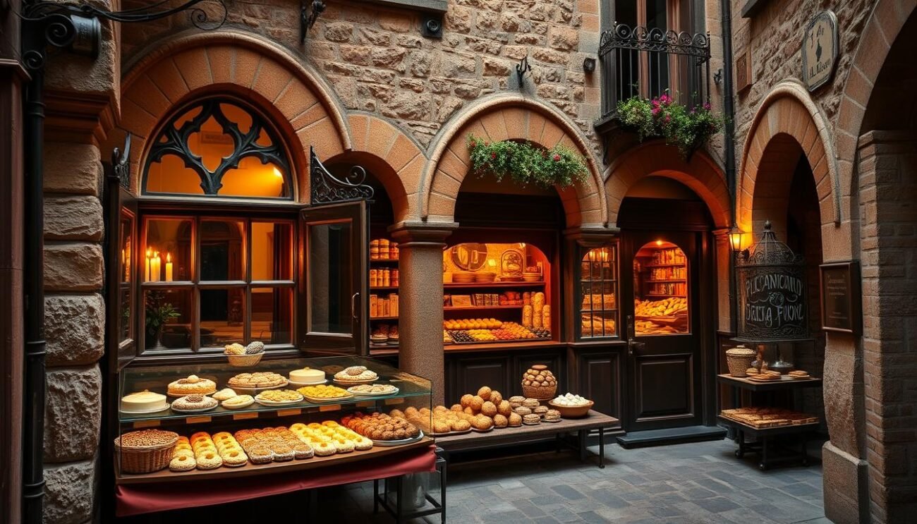 A medieval Italian pasticceria nestled in a quaint cobblestone street, its facade adorned with intricate arched windows and decorative flourishes. Inside, the warm glow of candles illuminates a display of delicate pastries and confections, their shapes and flavors inspired by the rich cultural exchange between the Italian peninsula and the Byzantine and Arab worlds. Delicate flaky crusts, fragrant spices, and vibrant colors evoke the sophistication and artistry of a bygone era. The scene captures the essence of the origins of Italian pastry, where culinary traditions blended to create a unique and captivating culinary heritage.