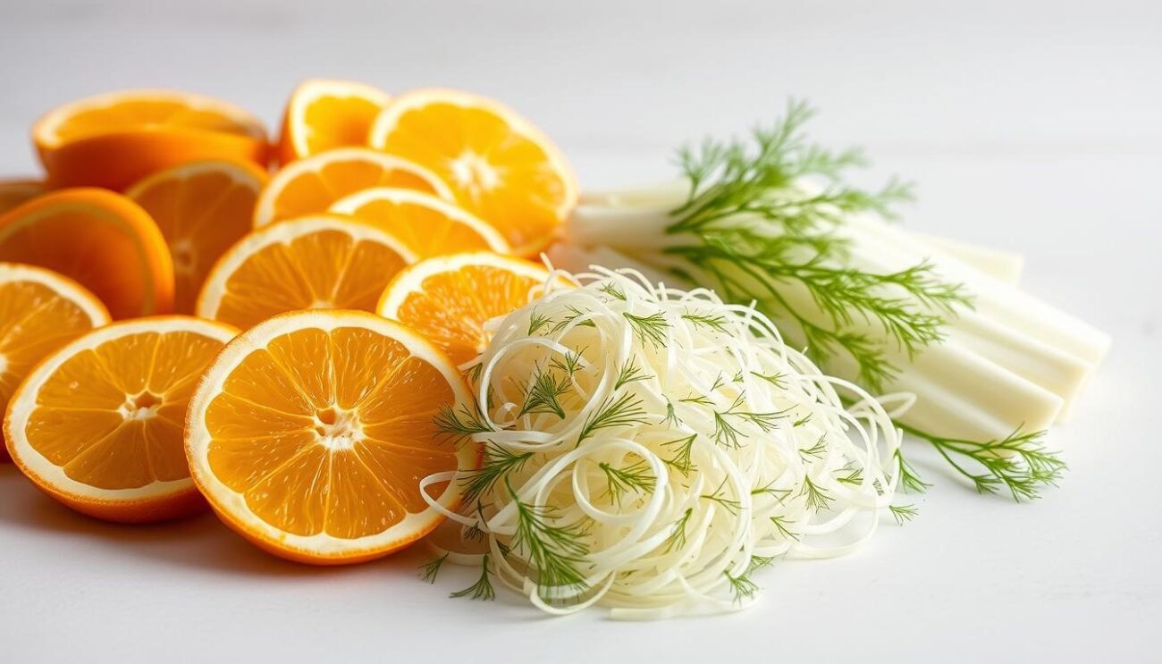 A meticulously arranged still life showcasing the essential ingredients for a perfect fennel and orange salad. In the foreground, a vibrant array of sliced oranges, their juicy segments glistening under soft, natural lighting. In the middle ground, a pile of delicate, frondose fennel fronds cascade elegantly, their feathery texture inviting touch. The background features a clean, minimalist surface, allowing the vibrant colors and textures of the produce to take center stage. The overall composition radiates a sense of freshness and digestibility, perfectly capturing the essence of this light, rejuvenating dish. A meticulously arranged still life showcasing the essential ingredients for a perfect fennel and orange salad. In the foreground, a vibrant array of sliced oranges, their juicy segments glistening under soft, natural lighting. In the middle ground, a pile of delicate, frondose fennel fronds cascade elegantly, their feathery texture inviting touch. The background features a clean, minimalist surface, allowing the vibrant colors and textures of the produce to take center stage. The overall composition radiates a sense of freshness and digestibility, perfectly capturing the essence of this light, rejuvenating dish.