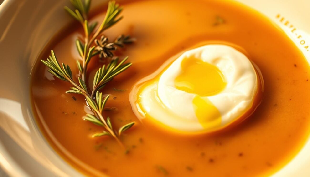 A modern interpretation of the traditional Zuppa Pavese, featuring a velvety broth infused with aromatic herbs, topped with a soft-poached egg and a drizzle of high-quality olive oil. The image presents a minimalist, yet elegant composition, showcasing the simplicity and refined flavors of this regional Italian specialty. Warm lighting casts a cozy glow, while the soft focus and shallow depth of field emphasize the delicate textures and the interplay of the key ingredients. The overall mood is one of comfort and sophistication, inviting the viewer to savor the comforting essence of this updated take on a classic Lombard dish.