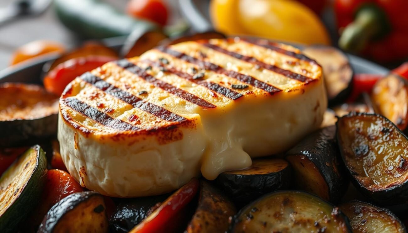 A mouth-watering grilled scamorza cheese, melted and bubbling, sits atop a vibrant arrangement of roasted vegetables. The scamorza's golden-brown exterior glistens under the warm, natural lighting, while the assortment of zucchini, eggplant, and bell peppers adds a colorful and flavorful backdrop. The composition is balanced, with the cheese taking center stage, framed by the charred, caramelized vegetables. The overall scene evokes the rustic, homemade feel of traditional Molisean cuisine, inviting the viewer to savor the comforting and satisfying dish.