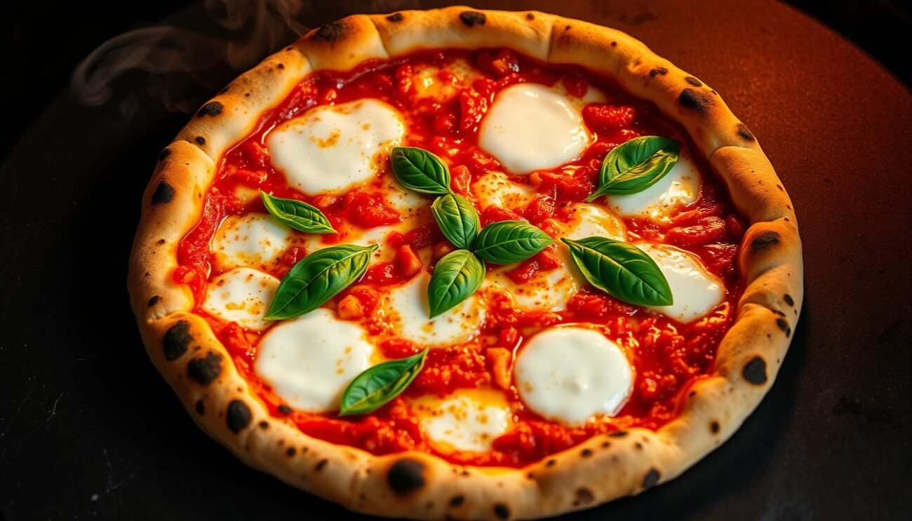 A mouthwatering Neapolitan pizza, freshly baked in a wood-fired oven, the crust crisp and leopard-spotted, the center soft and pillowy. Crushed San Marzano tomatoes, tangy and sweet, spread evenly over the surface, topped with glistening pools of melted mozzarella. Scattered fresh basil leaves, their verdant hues a vibrant contrast. Wisps of aromatic smoke drift from the golden edges, inviting a savory first bite. Captured in natural light, the pizza's artisanal details shine, showcasing the skill and tradition of its Neapolitan origins. A mouthwatering Neapolitan pizza, freshly baked in a wood-fired oven, the crust crisp and leopard-spotted, the center soft and pillowy. Crushed San Marzano tomatoes, tangy and sweet, spread evenly over the surface, topped with glistening pools of melted mozzarella. Scattered fresh basil leaves, their verdant hues a vibrant contrast. Wisps of aromatic smoke drift from the golden edges, inviting a savory first bite. Captured in natural light, the pizza's artisanal details shine, showcasing the skill and tradition of its Neapolitan origins.