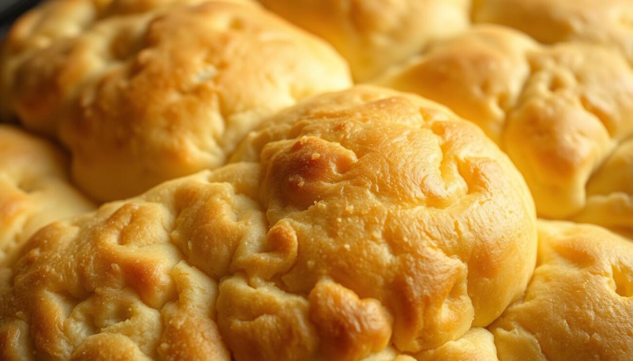 A mouthwatering close-up view of freshly baked sfincionelli palermitani, the soft and pillowy focaccia bread of Palermo. The golden-brown surface is punctuated with dimpled pockets, a testament to the dough's delicate handling. The image captures the bread's inviting aroma and tender, light-as-air texture, hinting at its storied history as a precursor to the iconic Sicilian pizza. Warm and comforting lighting illuminates the sfincionelli, emphasizing their rustic charm and artisanal quality. The composition draws the viewer's gaze to the bread's appealing form, allowing them to imagine the satisfying sensation of tearing into a fresh slice.