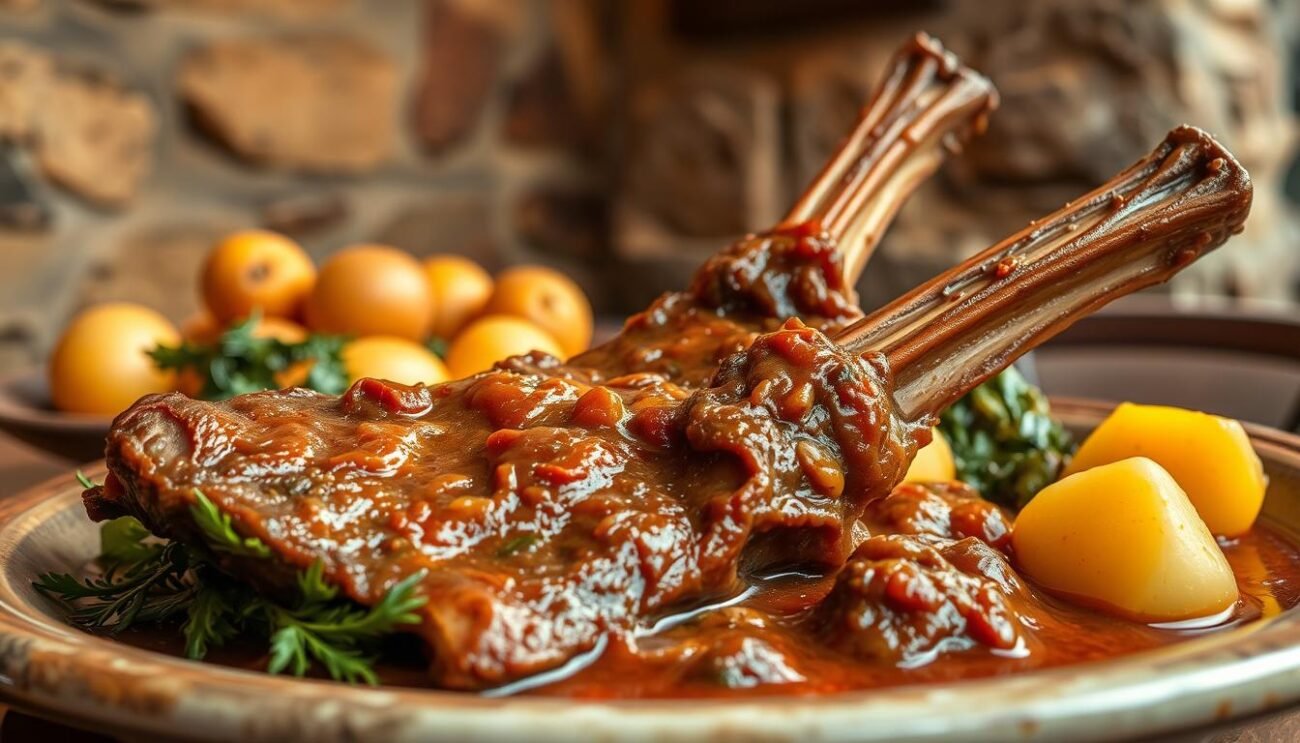 A mouthwatering dish of tender oxtail braised to perfection, the "coda alla vaccinara" stands as a quintessential symbol of Roman cuisine. In the foreground, the rich, gelatinous oxtail cuts glisten under the warm, soft lighting, inviting the viewer to savor its depth of flavor. The middle ground showcases the dish's traditional accompaniments - plump, creamy potatoes and a tangle of sautéed greens, all harmoniously complementing the star ingredient. The background evokes the rustic, historic ambiance of a Roman trattoria, with weathered stone walls and a hint of old-world charm. This image captures the essence of "coda alla vaccinara," a beloved Roman delicacy with a rich history and enduring cultural significance.
