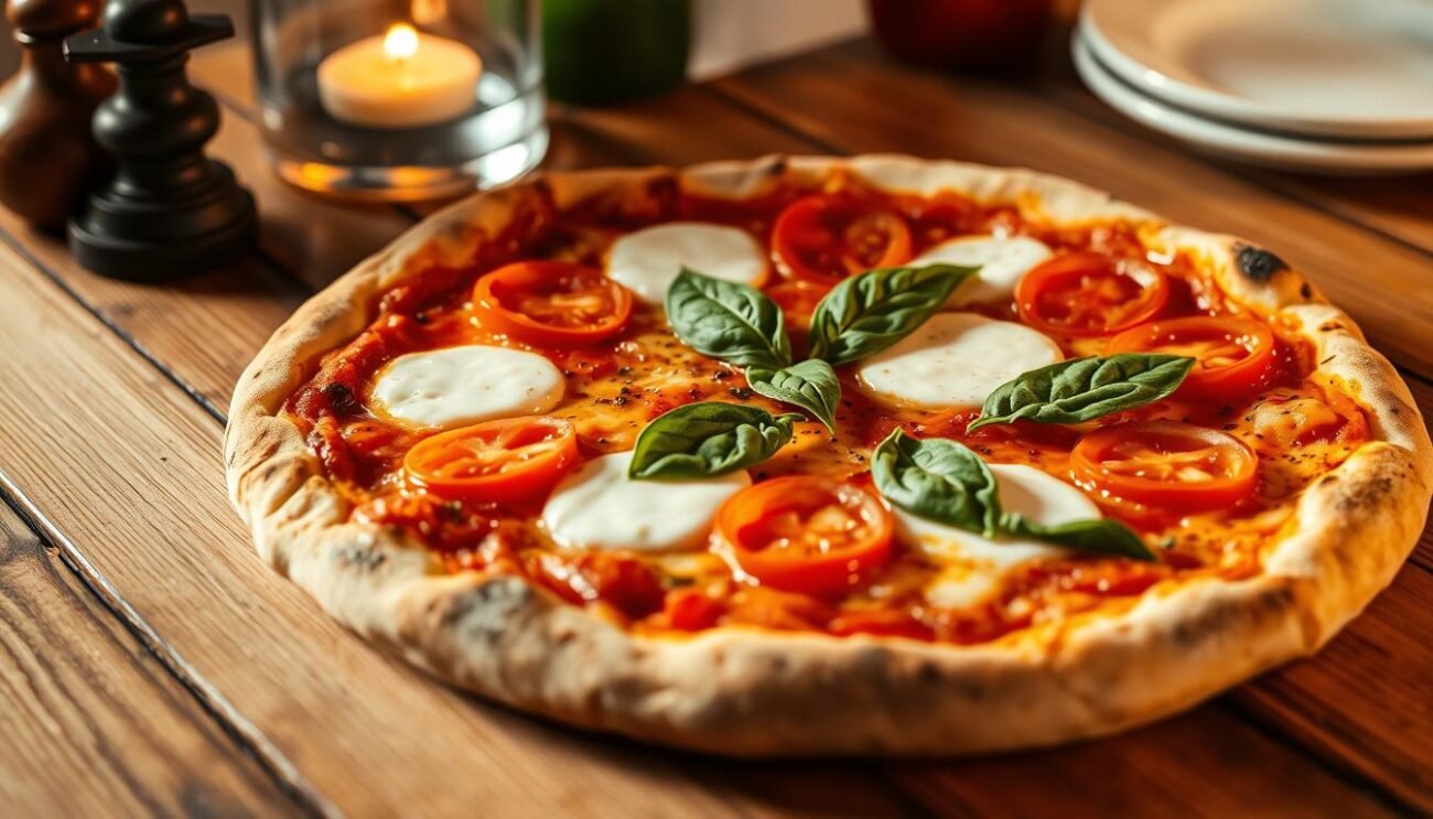 A mouthwatering, rustic Italian pizza Margherita rests on a wooden table, the crisp golden crust topped with glistening pools of melted mozzarella, freshly sliced ripe tomatoes, and fragrant green basil leaves. Warm, soft lighting casts a cozy, inviting glow, drawing the viewer in to savor the authentic flavors of this iconic Neapolitan dish. The composition is simple yet elegant, capturing the essence of the "Queen of Pizzas" in all its glory, a testament to the rich culinary heritage of Italy.