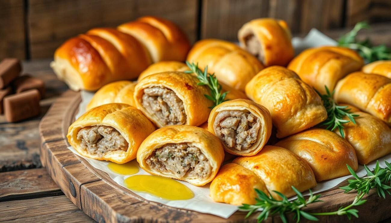 A mouthwatering spread of traditional "bombette pugliesi", perfectly crafted pork rolls from the Valle d'Itria region. The crisp, golden-brown exterior gives way to a savory, herb-infused filling, each bite a harmonious blend of flavors. Set against a rustic backdrop of weathered wooden surfaces, the bombette are arranged with care, complemented by sprigs of fresh herbs and a drizzle of olive oil. Warm, natural lighting casts a cozy glow, inviting the viewer to imagine the comforting aroma and satisfying textures of this beloved regional delicacy.