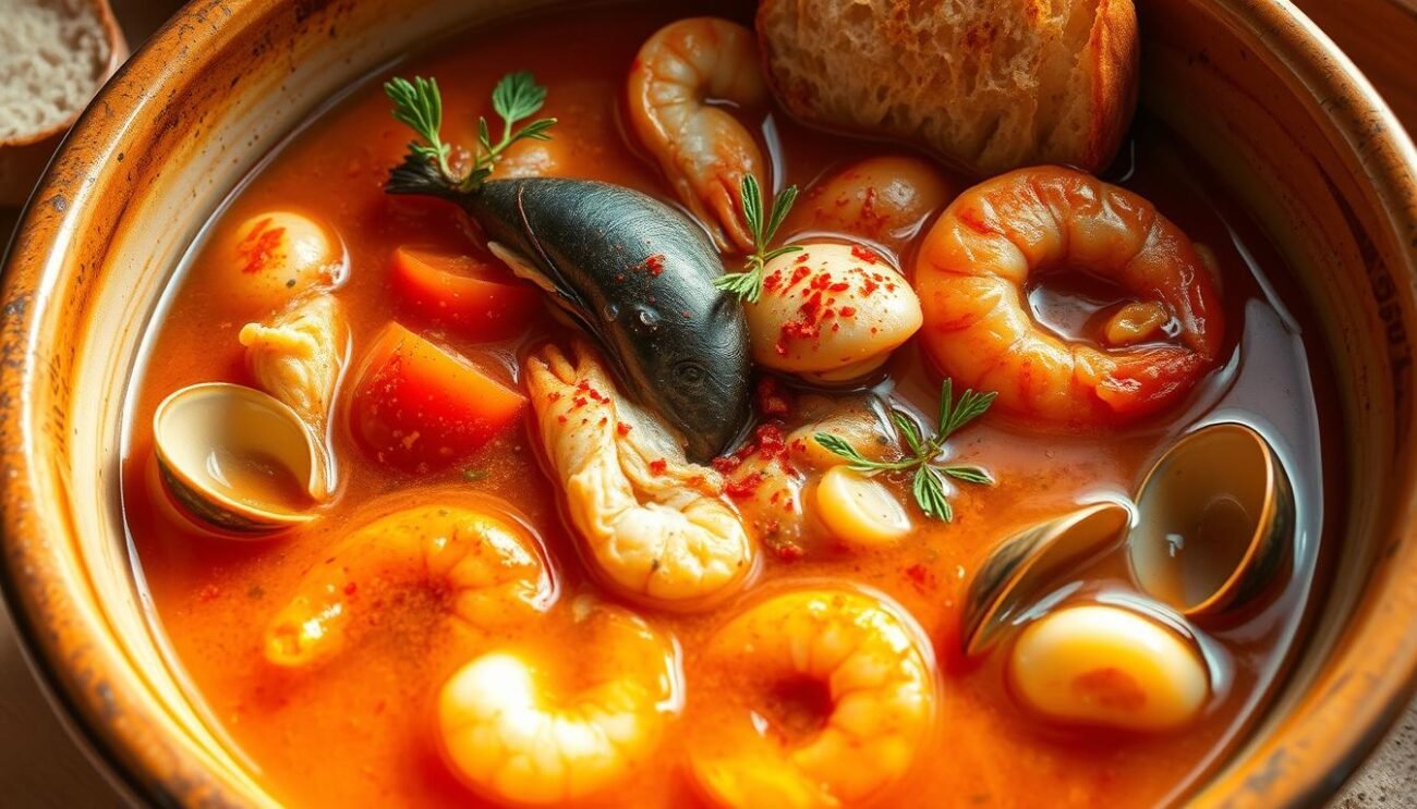 A mouthwatering traditional seafood stew, "brodetto fanese" simmers with fresh caught fish, plump tomatoes, and a splash of tangy vinegar. Glistening broth fills a rustic ceramic bowl, surrounded by tender octopus, clams, and shrimp. Aromatic herbs and garlic add depth, while a sprinkle of crushed red pepper brings a subtle heat. Lit by warm, golden light, the scene captures the comforting essence of this classic Adriatic coast dish. A delightful feast for the senses, ready to be savored alongside crusty bread. A mouthwatering traditional seafood stew, "brodetto fanese" simmers with fresh caught fish, plump tomatoes, and a splash of tangy vinegar. Glistening broth fills a rustic ceramic bowl, surrounded by tender octopus, clams, and shrimp. Aromatic herbs and garlic add depth, while a sprinkle of crushed red pepper brings a subtle heat. Lit by warm, golden light, the scene captures the comforting essence of this classic Adriatic coast dish. A delightful feast for the senses, ready to be savored alongside crusty bread.