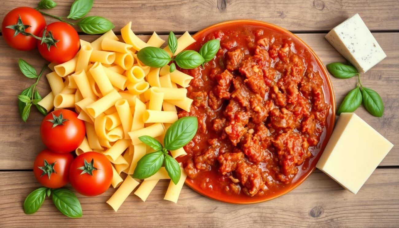 A neatly arranged array of authentic Italian ingredients, including perfectly cooked anelletti pasta, fresh tomatoes, fragrant basil leaves, tangy pecorino cheese, and savory ground beef, all bathed in a rich, aromatic tomato sauce. The items are displayed on a rustic wooden table, with natural lighting casting a warm, inviting glow. The overall composition exudes the essence of traditional Sicilian cuisine, evoking a sense of homely, comforting nostalgia.