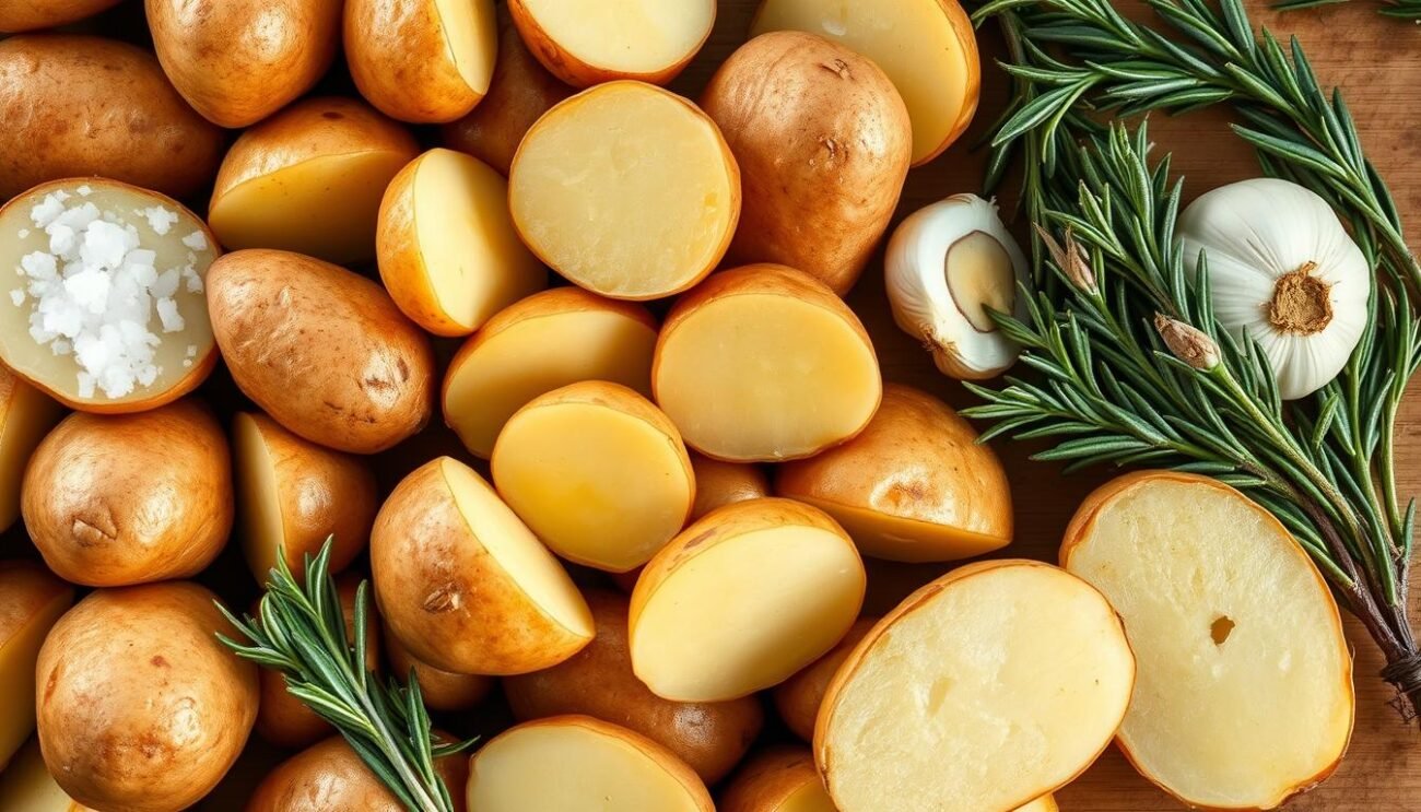 A neatly arranged assortment of fresh russet potatoes, extra virgin olive oil, sea salt, garlic cloves, and sprigs of rosemary. The potatoes are halved, their skins slightly wrinkled, ready to be tossed in the aromatic oil and seasonings. The lighting is warm and natural, casting a golden glow on the scene. The image is captured from a high angle, highlighting the simplicity and beauty of these classic Italian ingredients for the perfect crispy roasted potatoes. A neatly arranged assortment of fresh russet potatoes, extra virgin olive oil, sea salt, garlic cloves, and sprigs of rosemary. The potatoes are halved, their skins slightly wrinkled, ready to be tossed in the aromatic oil and seasonings. The lighting is warm and natural, casting a golden glow on the scene. The image is captured from a high angle, highlighting the simplicity and beauty of these classic Italian ingredients for the perfect crispy roasted potatoes.