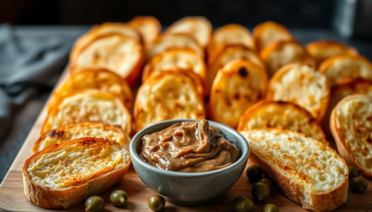 A neatly arranged display of freshly toasted crostini, their golden-brown surfaces glistening under soft, diffused lighting. The crunchy bread slices stand tall, their edges slightly charred, begging to be adorned with flavorful toppings. In the foreground, a small bowl of rich, creamy pâté de foie gras sits, its deep brown hue contrasting beautifully with the pale crostini. Scattered around, a handful of briny, plump capers add a delightful pop of color and texture. The overall scene evokes the rustic charm of an Italian kitchen, where simple ingredients come together to create a sophisticated and irresistible appetizer.