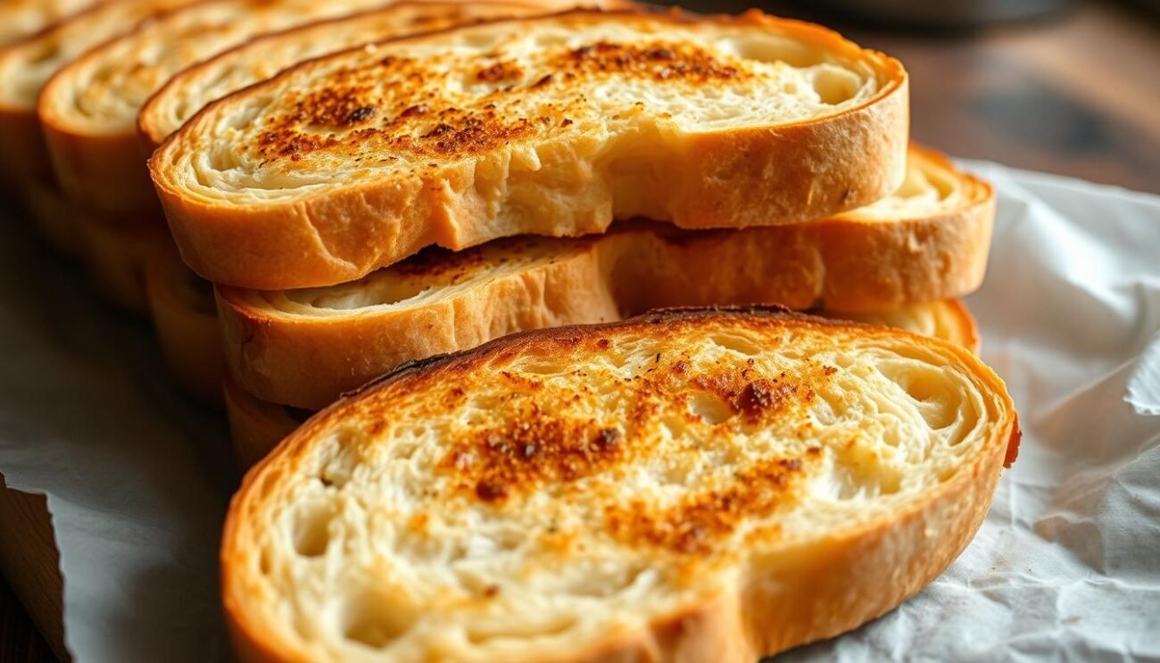 A neatly arranged set of freshly toasted slices of rustic Italian bread, with a golden-brown crust and a delightful aroma. The lighting is soft and diffused, creating a warm, inviting atmosphere. The surface of the bread glistens slightly, hinting at the perfect crunch and texture. The image is captured from a slightly elevated angle, showcasing the bread's artisanal qualities and the care taken in its preparation. The background is blurred, allowing the viewer to focus on the main subject - the perfectly toasted "tostatura pane" that is the centerpiece of this flavorful Umbrian crostini dish.