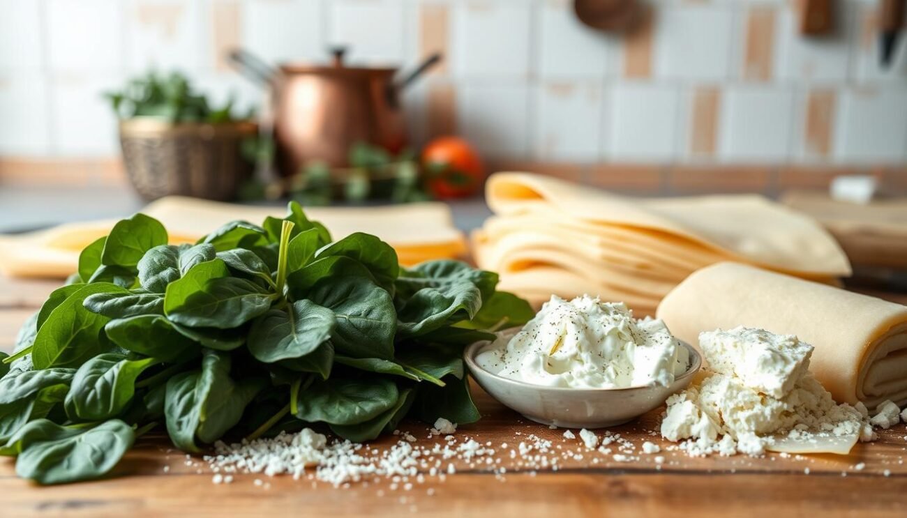 A neatly arranged still life showcasing the key ingredients for a classic Torta Pasqualina. The foreground features a bounty of fresh spinach leaves, creamy ricotta, and grated parmesan, artfully positioned on a rustic wooden surface. In the middle ground, flaky, golden sheets of homemade pastry dough unfurl, ready to be layered and baked. The background subtly hints at an Italian kitchen, with terracotta tiles, a copper pot, and a sprig of fragrant herbs adding warmth and authenticity. Soft, natural lighting casts a gentle glow, emphasizing the vibrant colors and inviting textures of these traditional Pasqualina components. A neatly arranged still life showcasing the key ingredients for a classic Torta Pasqualina. The foreground features a bounty of fresh spinach leaves, creamy ricotta, and grated parmesan, artfully positioned on a rustic wooden surface. In the middle ground, flaky, golden sheets of homemade pastry dough unfurl, ready to be layered and baked. The background subtly hints at an Italian kitchen, with terracotta tiles, a copper pot, and a sprig of fragrant herbs adding warmth and authenticity. Soft, natural lighting casts a gentle glow, emphasizing the vibrant colors and inviting textures of these traditional Pasqualina components.