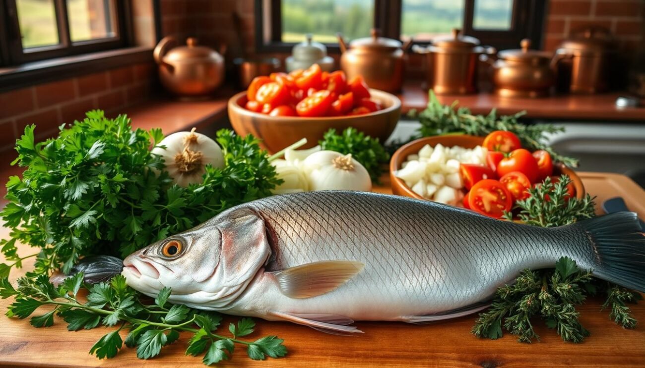 A neatly arranged still life showcasing the key ingredients for the classic Northern Italian dish "Tinca al Forno" (Baked Tench). In the foreground, a whole fresh tench fish rests on a wooden cutting board, its silvery scales glistening under warm, natural lighting. Surrounding the fish are bunches of fresh herbs like parsley, oregano, and thyme, their vibrant green hues contrasting beautifully. In the middle ground, a bowl of freshly chopped onions, garlic, and tomatoes sits, ready to be sautéed into the savory sauce. The background features a rustic, Italian-style kitchen setting with terracotta tiles, copper pots, and a window overlooking rolling hills, evoking a sense of tradition and culinary heritage.